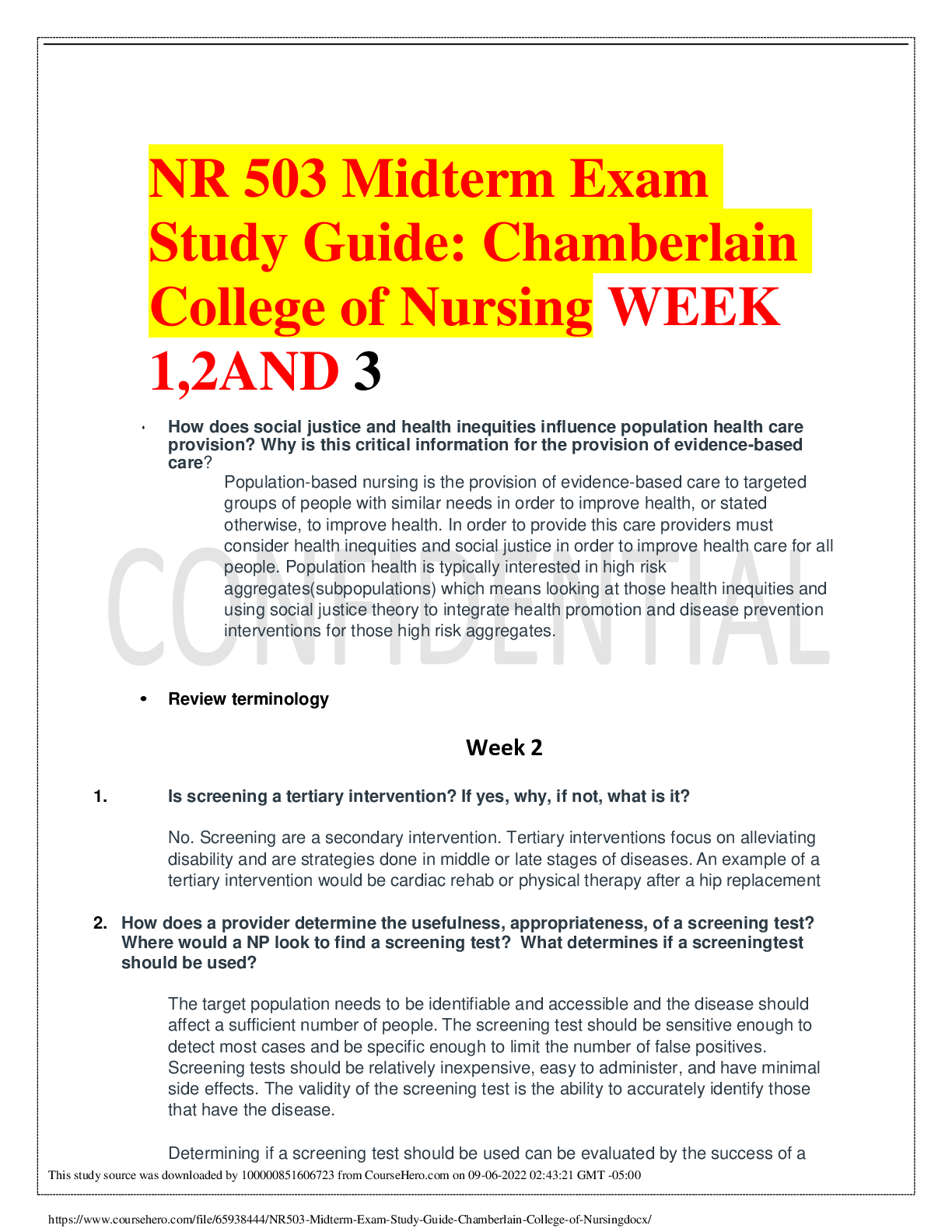 Preview image for NR 503 Midterm Exam Study Guide: Chamberlain College of Nursing WEEK 1,2AND