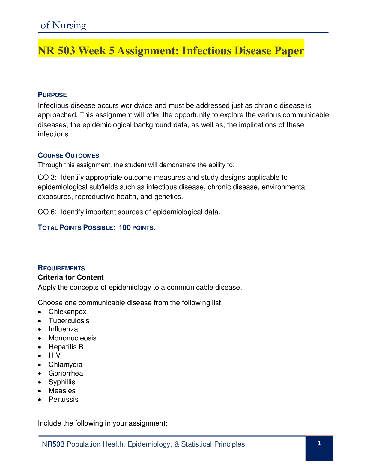Preview image for NR 503 Week 5 Assignment: Infectious Disease Paper/RATED A