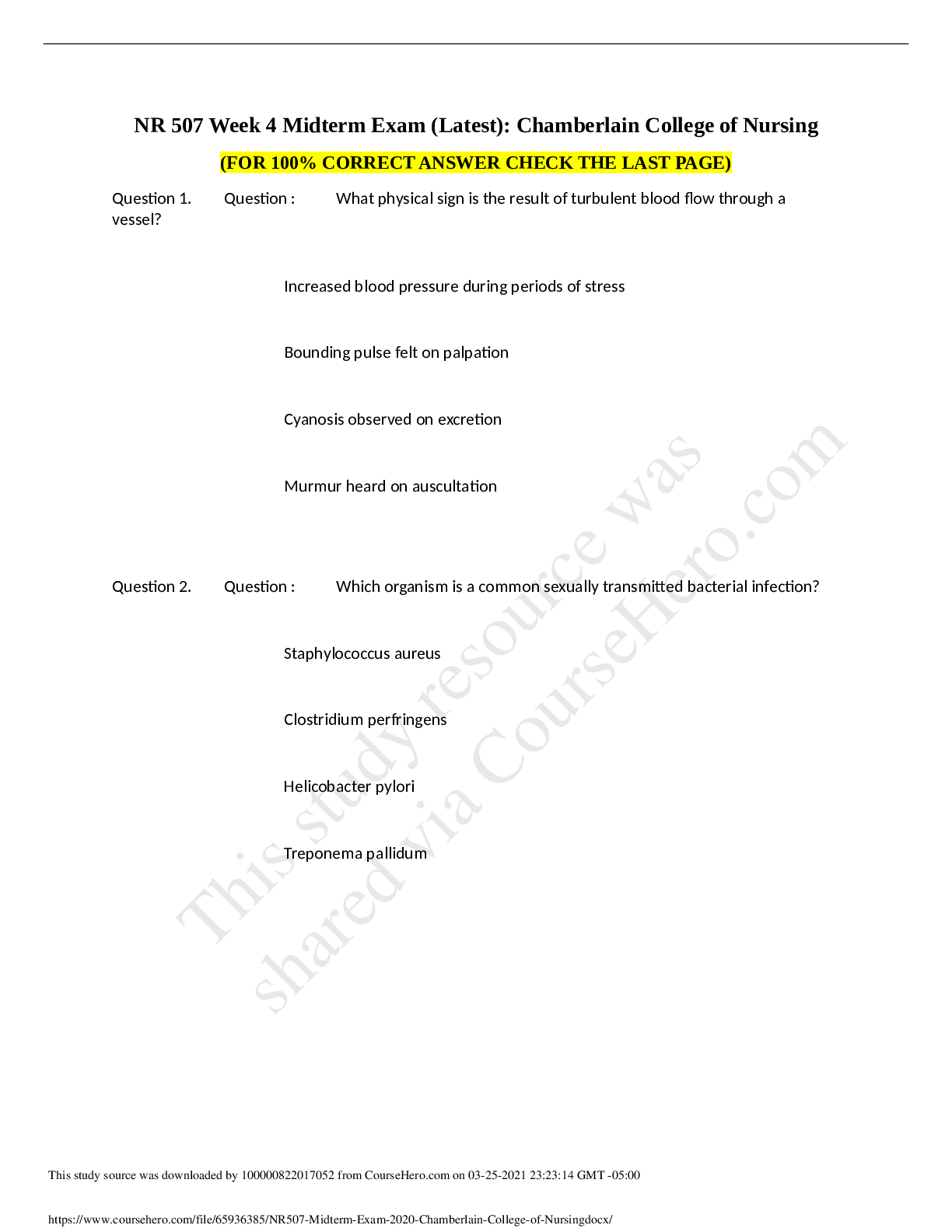 Preview of NR 507 Week 4 Midterm  Exam (Latest): Chamberlain  College of Nursing(FOR 100%  CORRECT QU