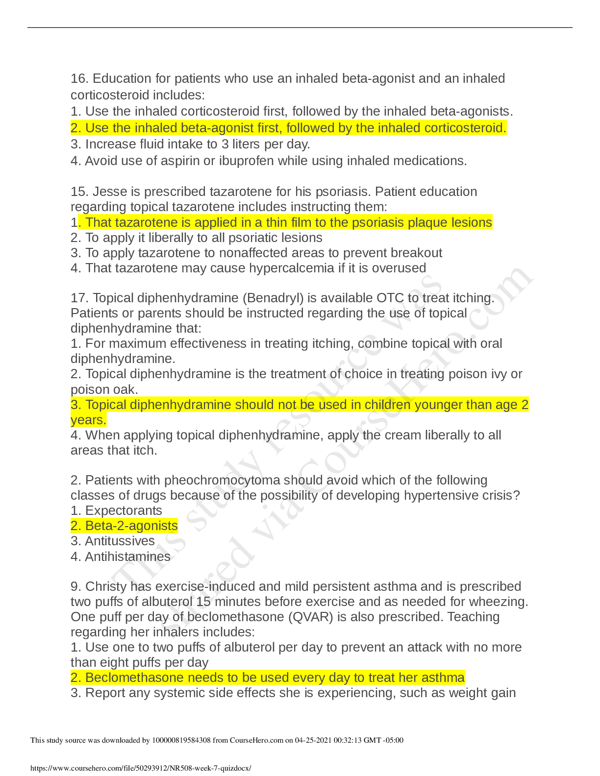 Preview image for NR 508 week 7 quiz - With correct answers