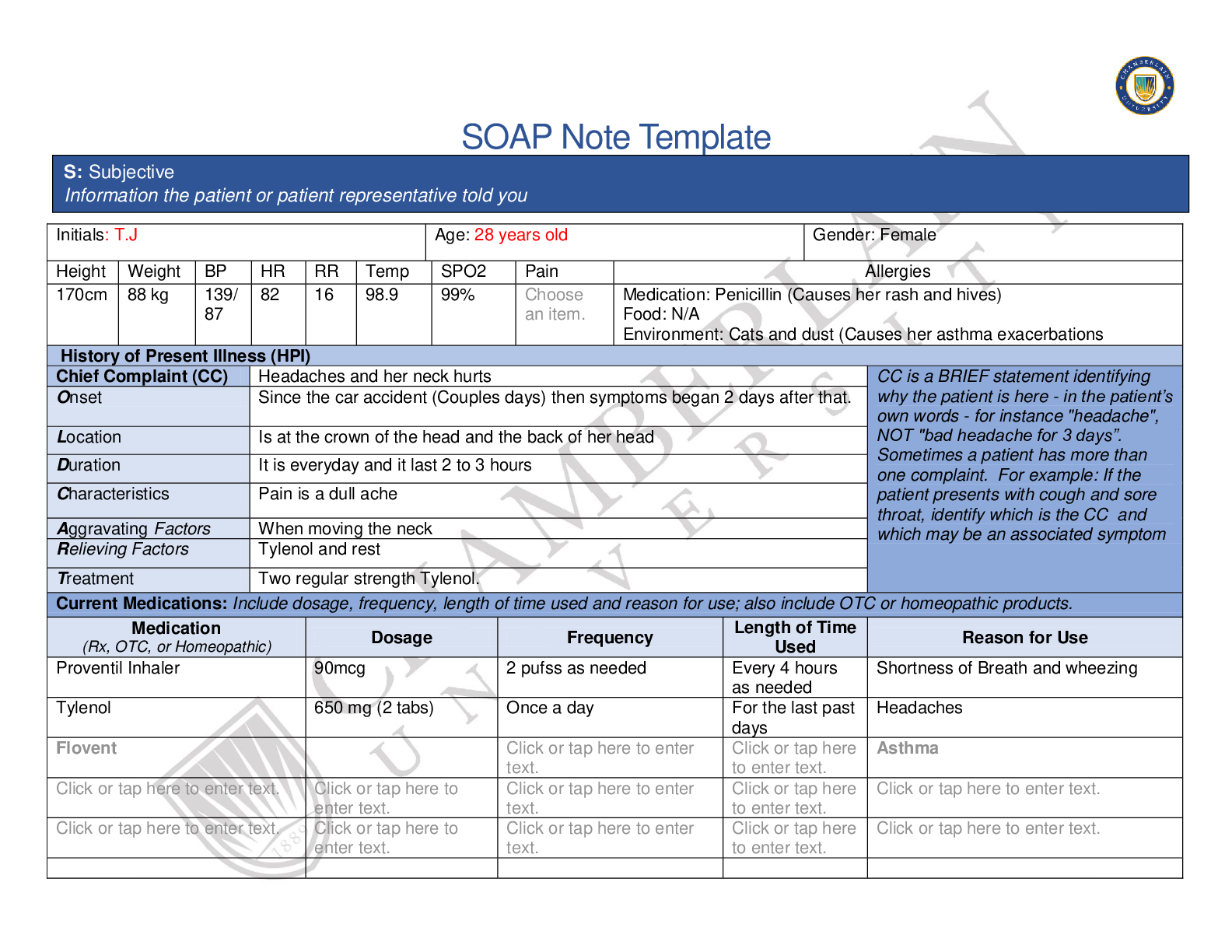 Preview image for Tina jones (T.J). SOAP Note Template. Contains  Subjective informations; History of Present Illness (HPI); Current Medications; Past Medical History (PMHx); Family History (Fam Hx); Review of Systems (ROS);