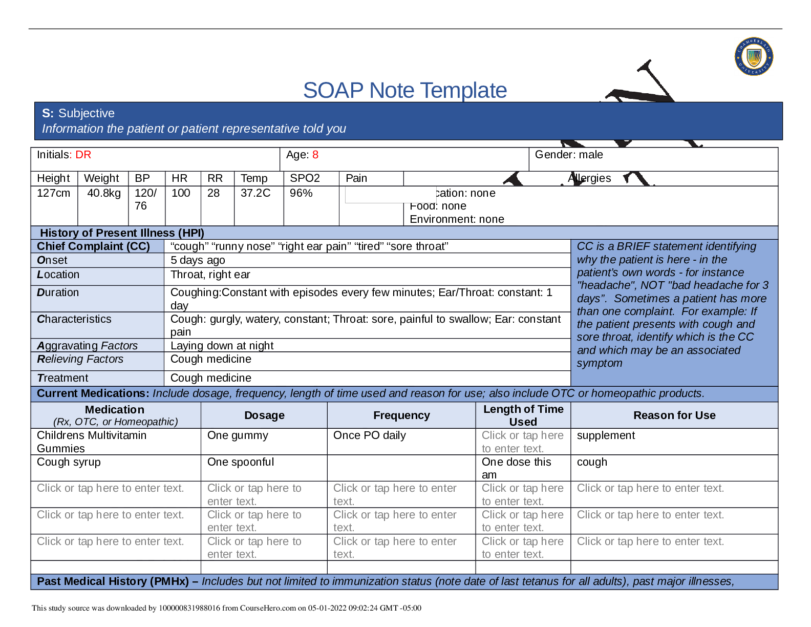 Preview image for NR 509 Week 6 Pediatric SOAP Note