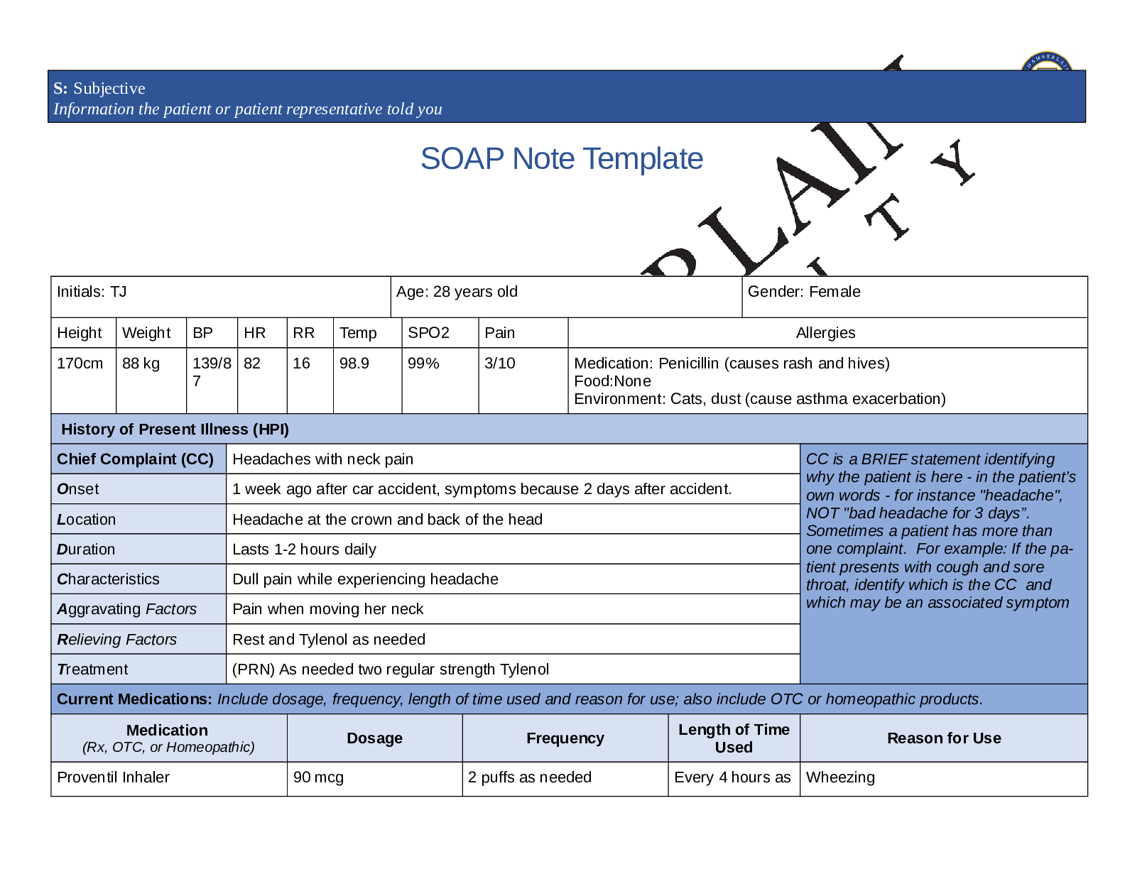 Preview image for Chamberlain College of Nursing - NR 509 Soap.Note.Respiratory.TinaJones. (complete updated 2021)