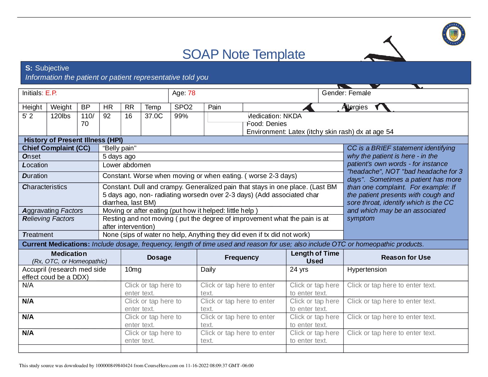 Preview image for Summary NR 509 Week 5 Abdominal Pain SOAP Note