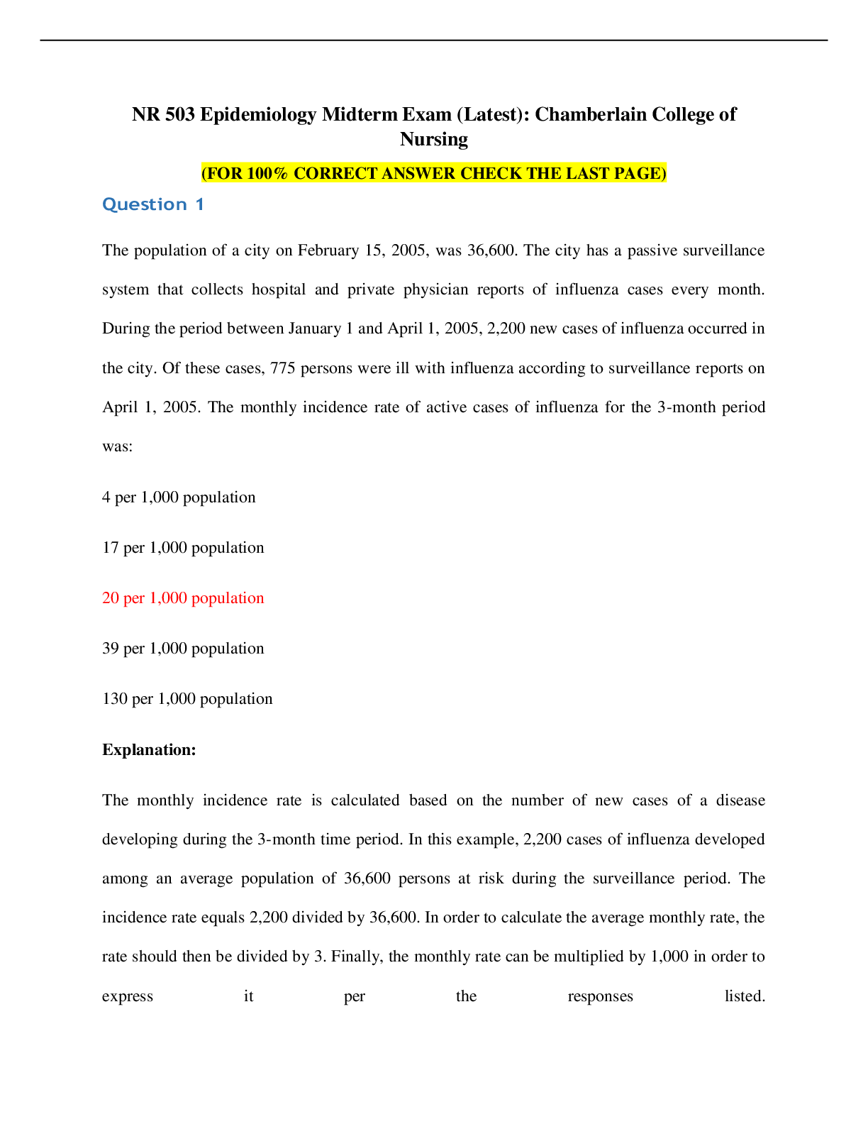 Preview of NR 503 Epidemiology Midterm Exam (Latest)  (FOR 100% CORRECT ANSWER)