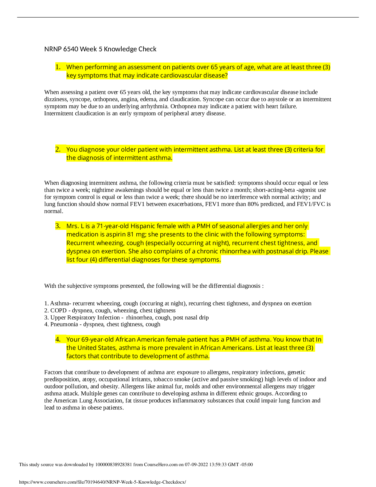 Preview of NRNP6540 Week 5 Knowledge Check - Walden University