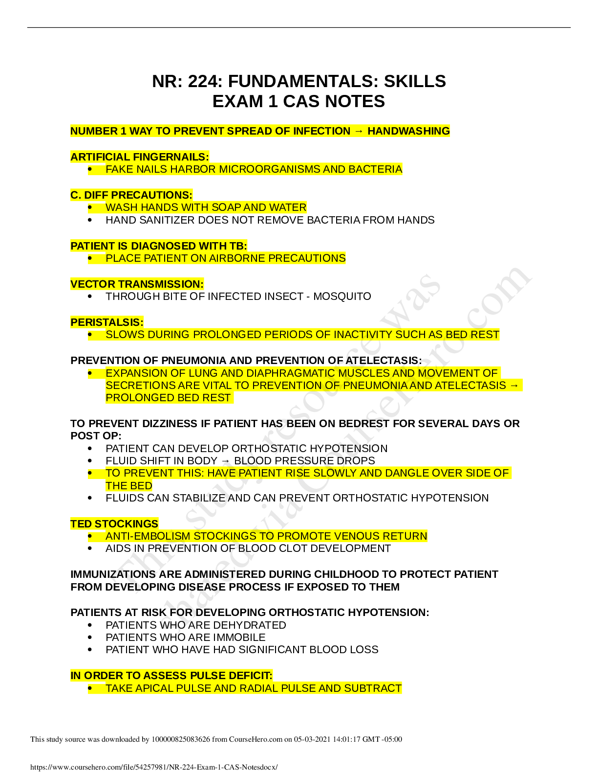 Preview image for NR: 224: FUNDAMENTALS: SKILLSEXAM 1 CAS NOTES