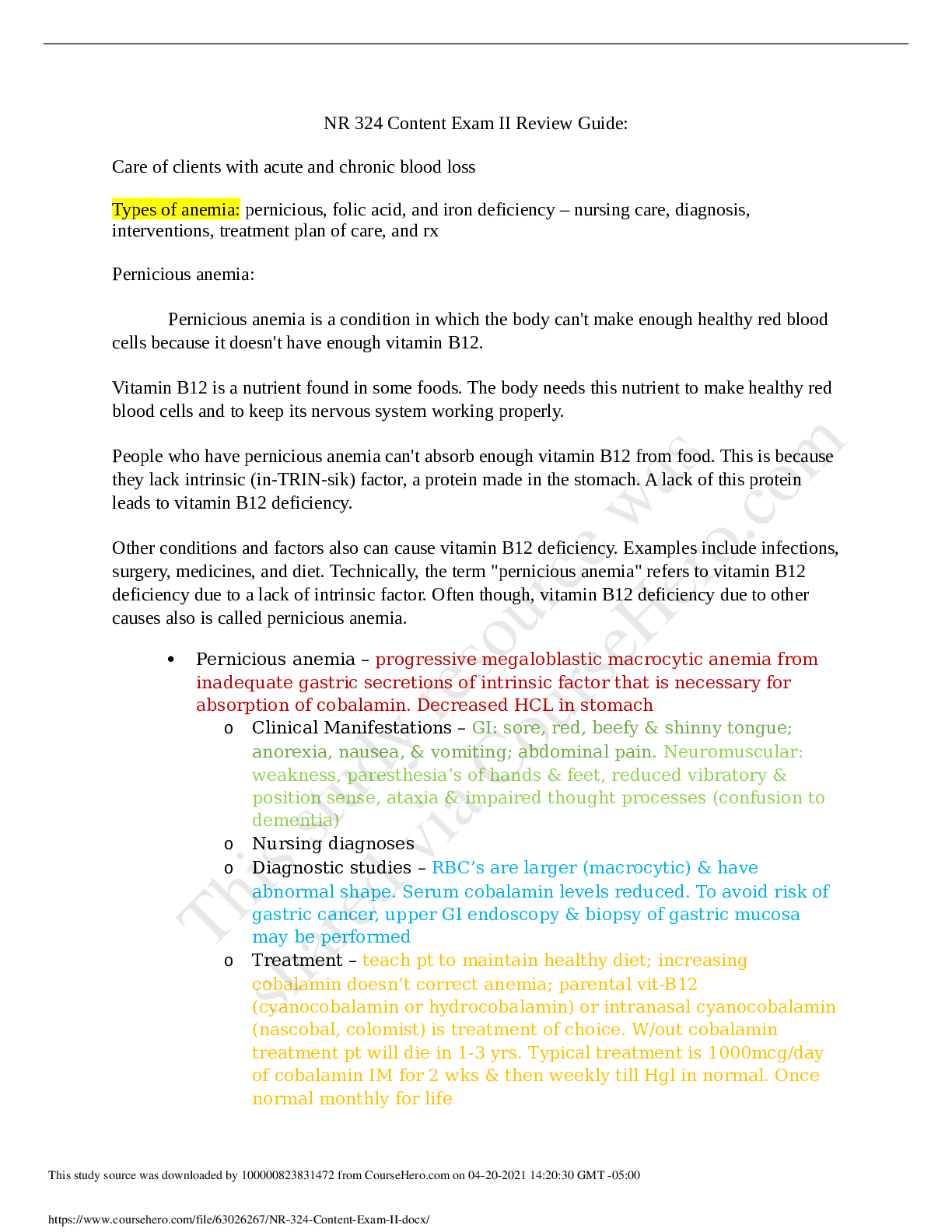 Preview image for Chamberlain College of Nursing NR283 PATHOPHYSIOLOGY EXAM 2 STUDY GUIDE