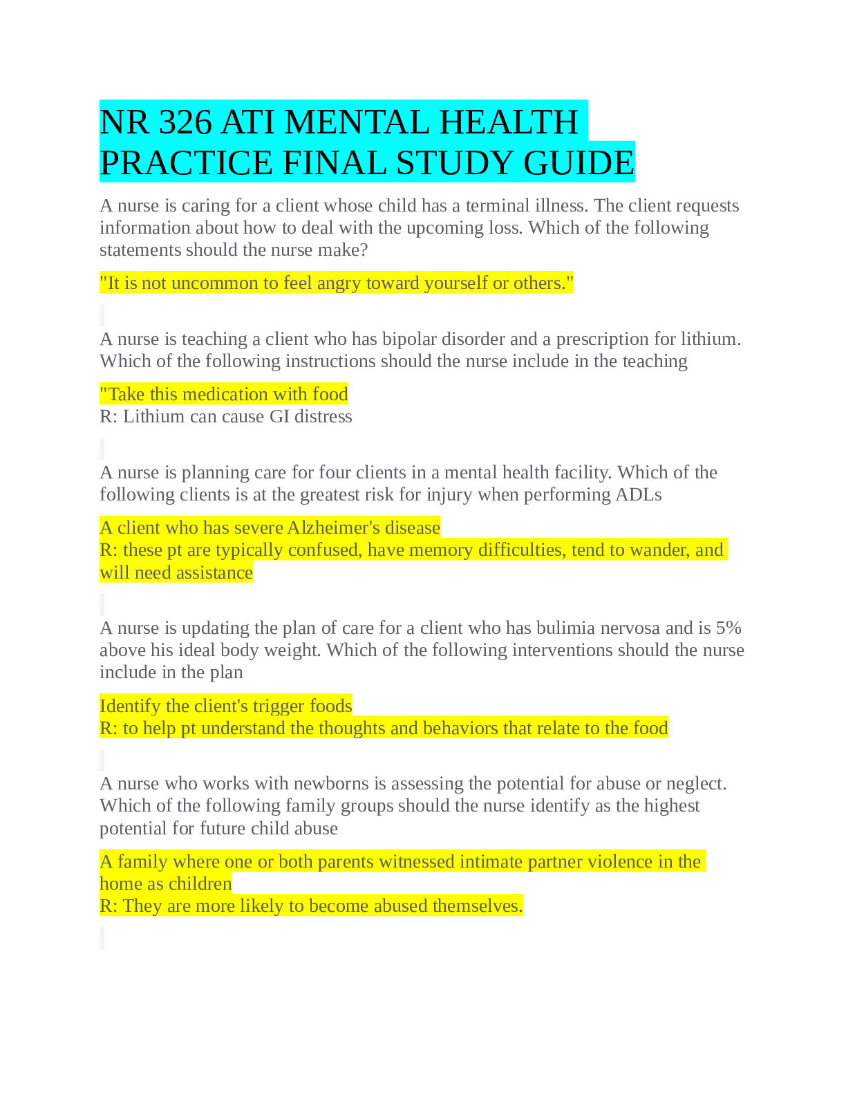 Preview image for NR 326 ATI MENTAL HEALTH PRACTICE FINAL STUDY GUIDE (UPDATED 2022)
