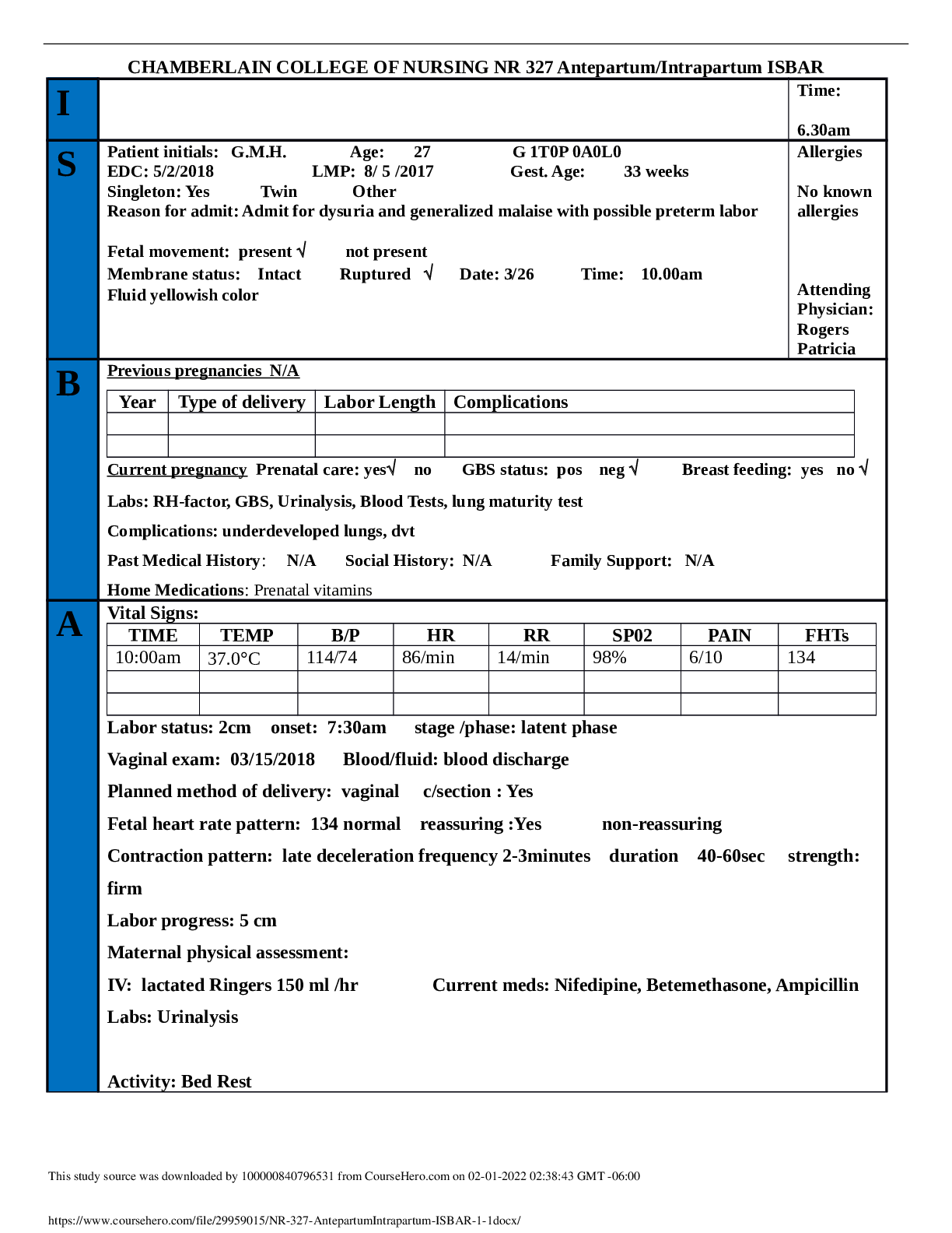 Preview of NR 327 Ante/Intrapartum Preterm Labor/GDM ISBAR