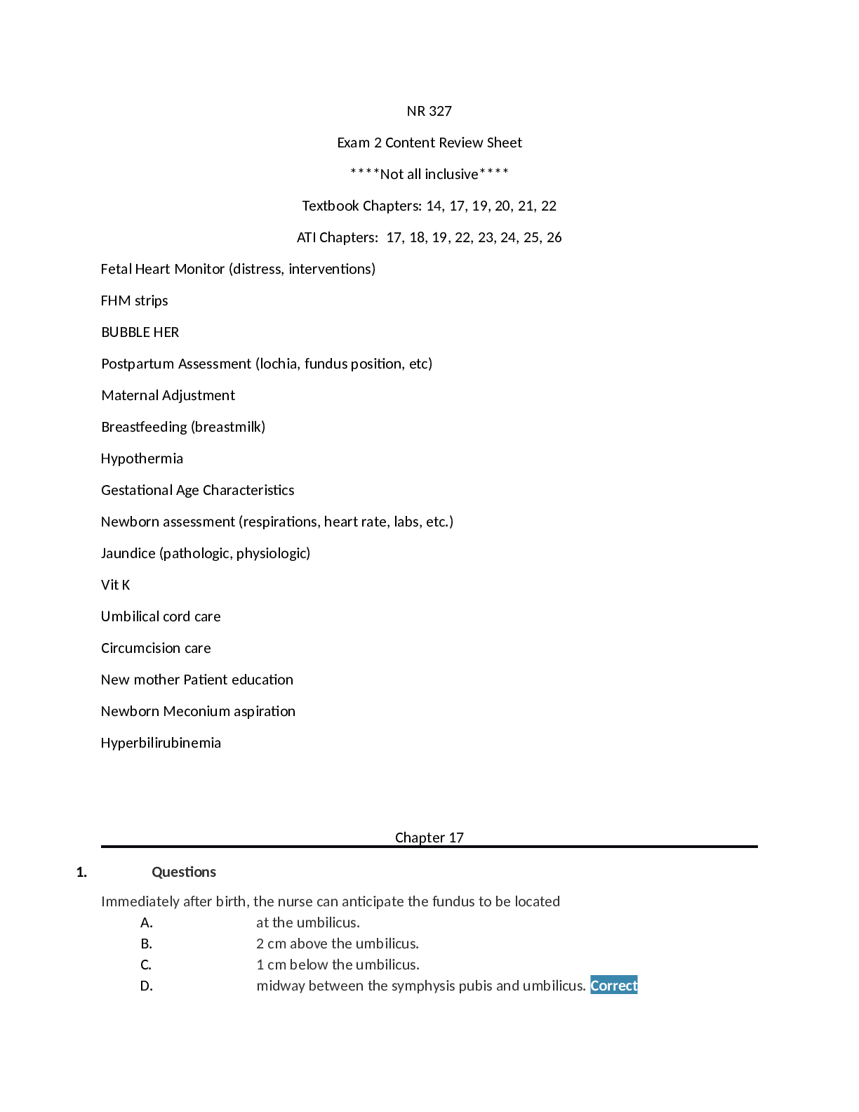 Preview image for NR 327 Exam 2 Content Review Sheet