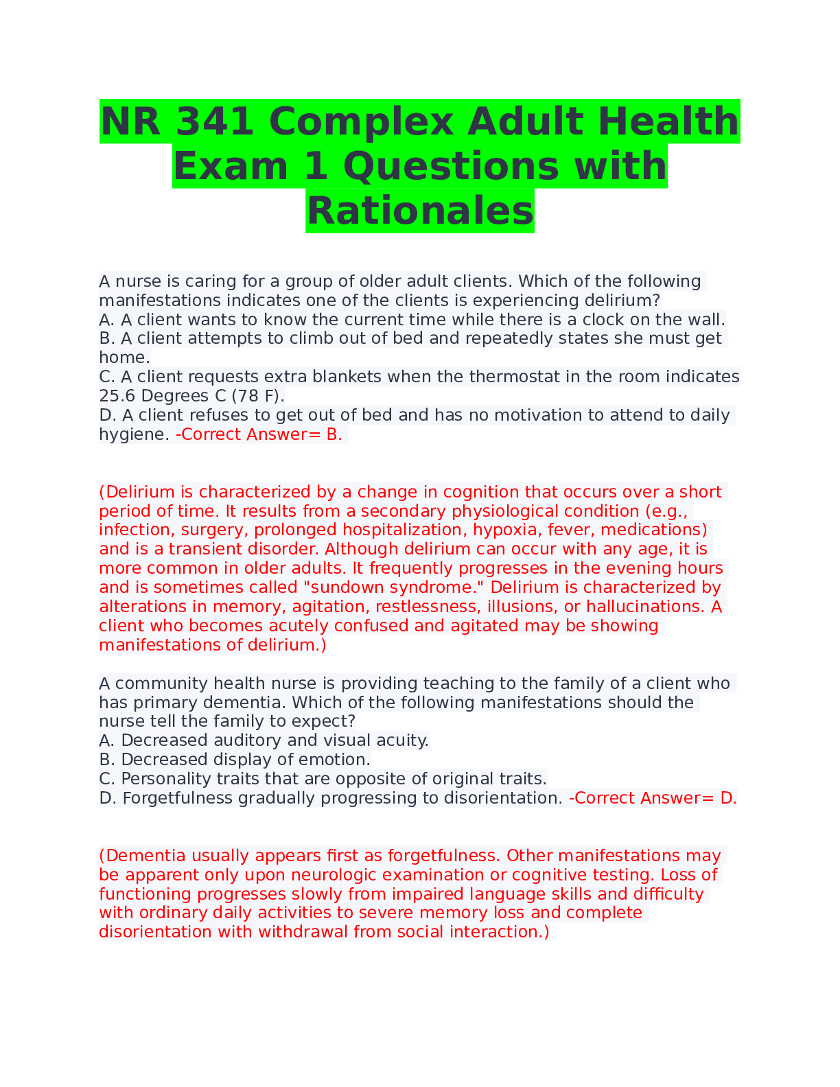 Preview image for NR 341 Complex Adult Health Exam 1 Questions with Rationales