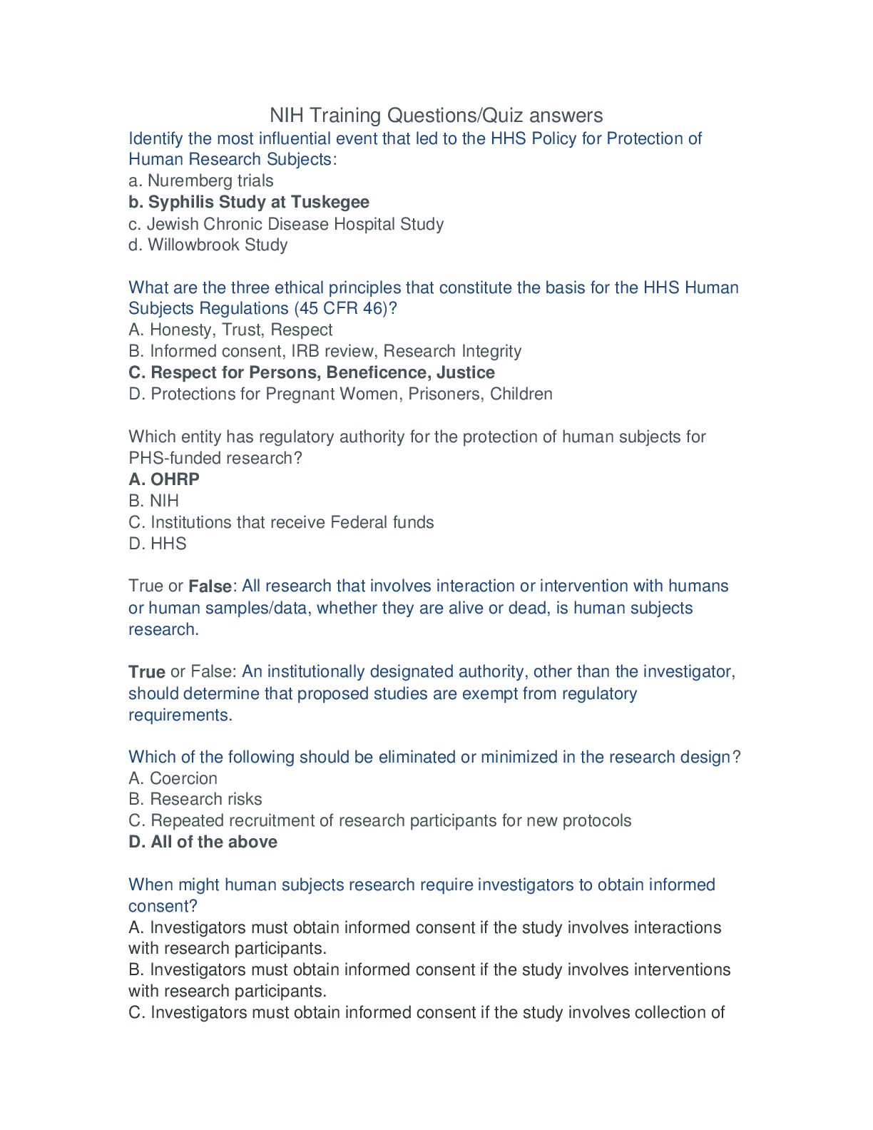 Preview of NR 505 Week 3 Quiz, NIH Training Questions/Quiz answers. Latest