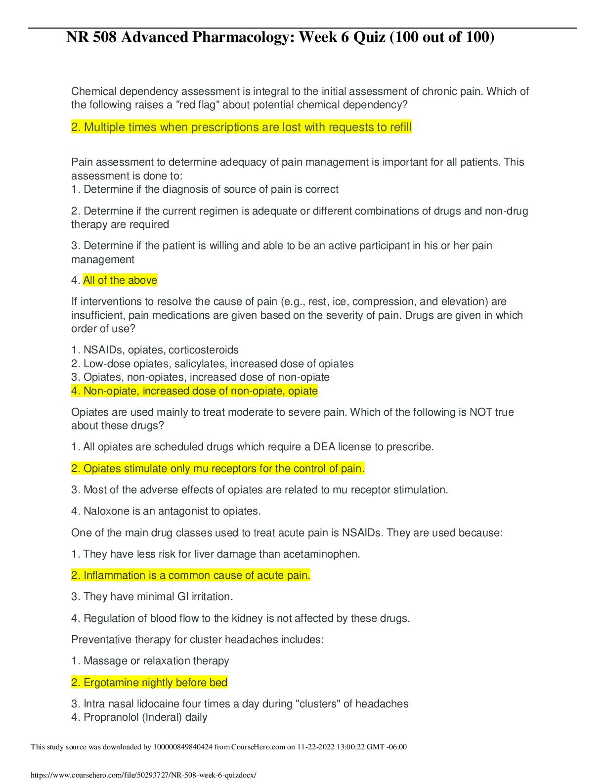 Preview image for NR 508 Advanced Pharmacology: Week 6 Quiz (Fall 2019) Download to score an A