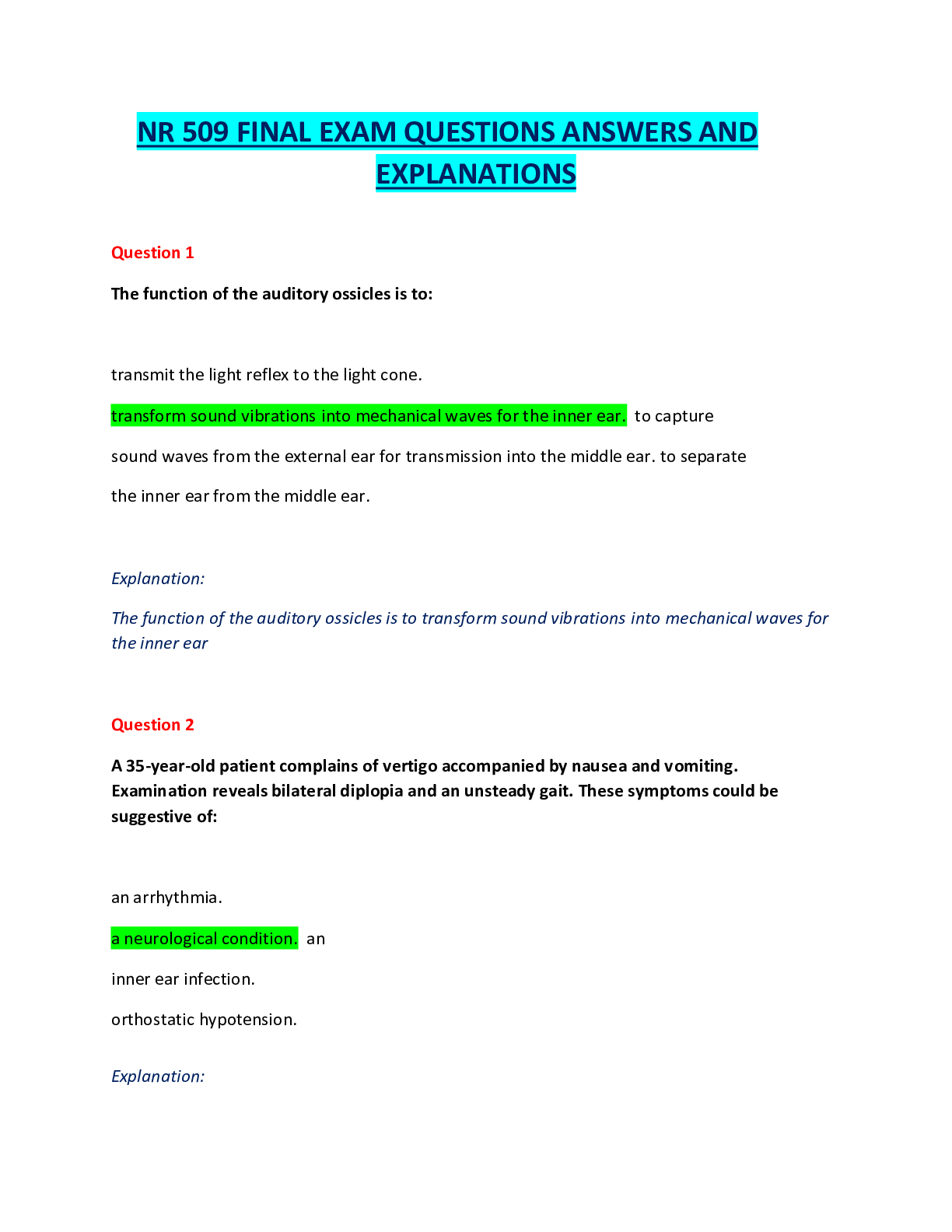 Preview image for NR 509 Final Exam / NR509 Final Exam (New 2022): Advanced Physical Assessment : Chamberlain College of Nursing (Complete Answers- 100% Score
