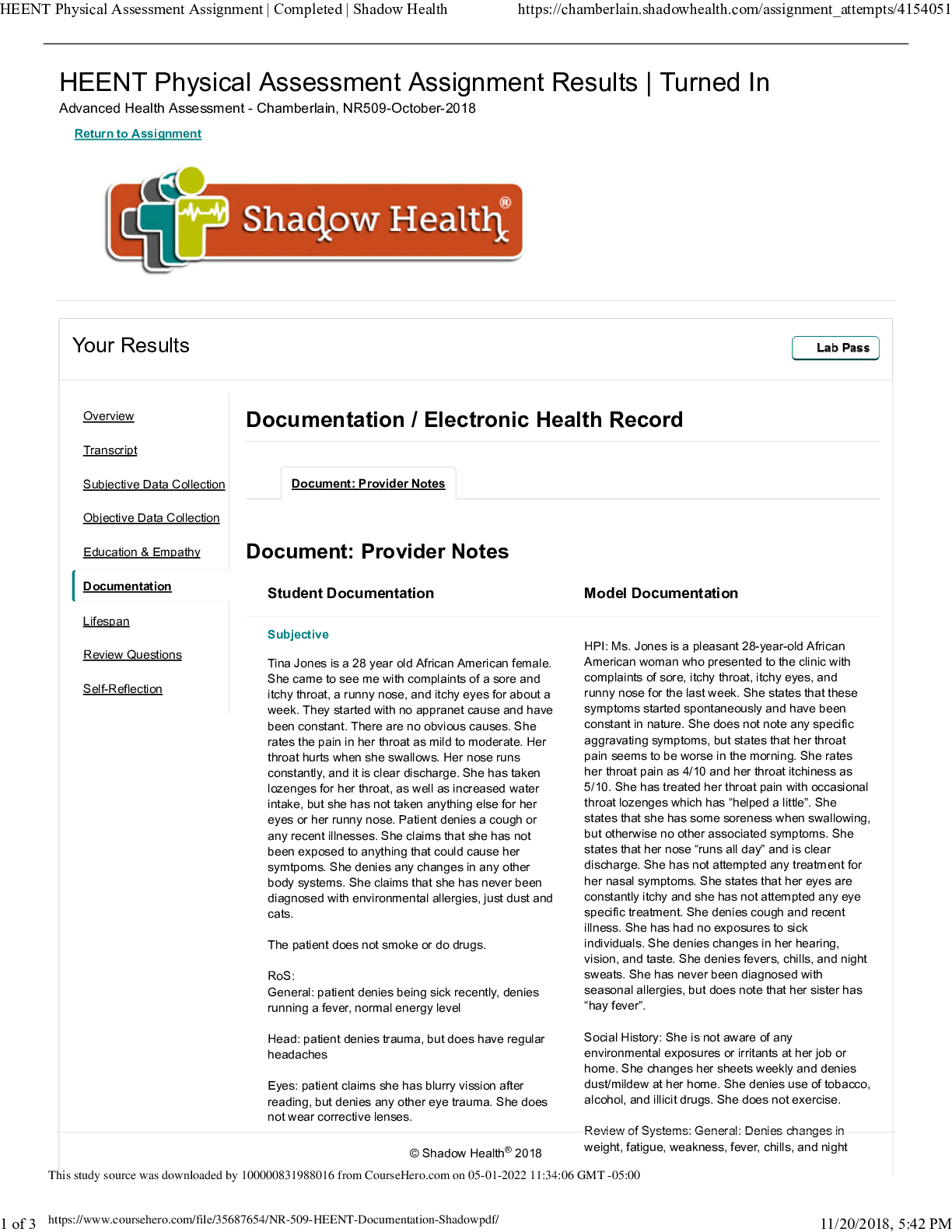 Preview image for NR 509 Week 2 Shadow Health HEENT Physical Assessment Assignment