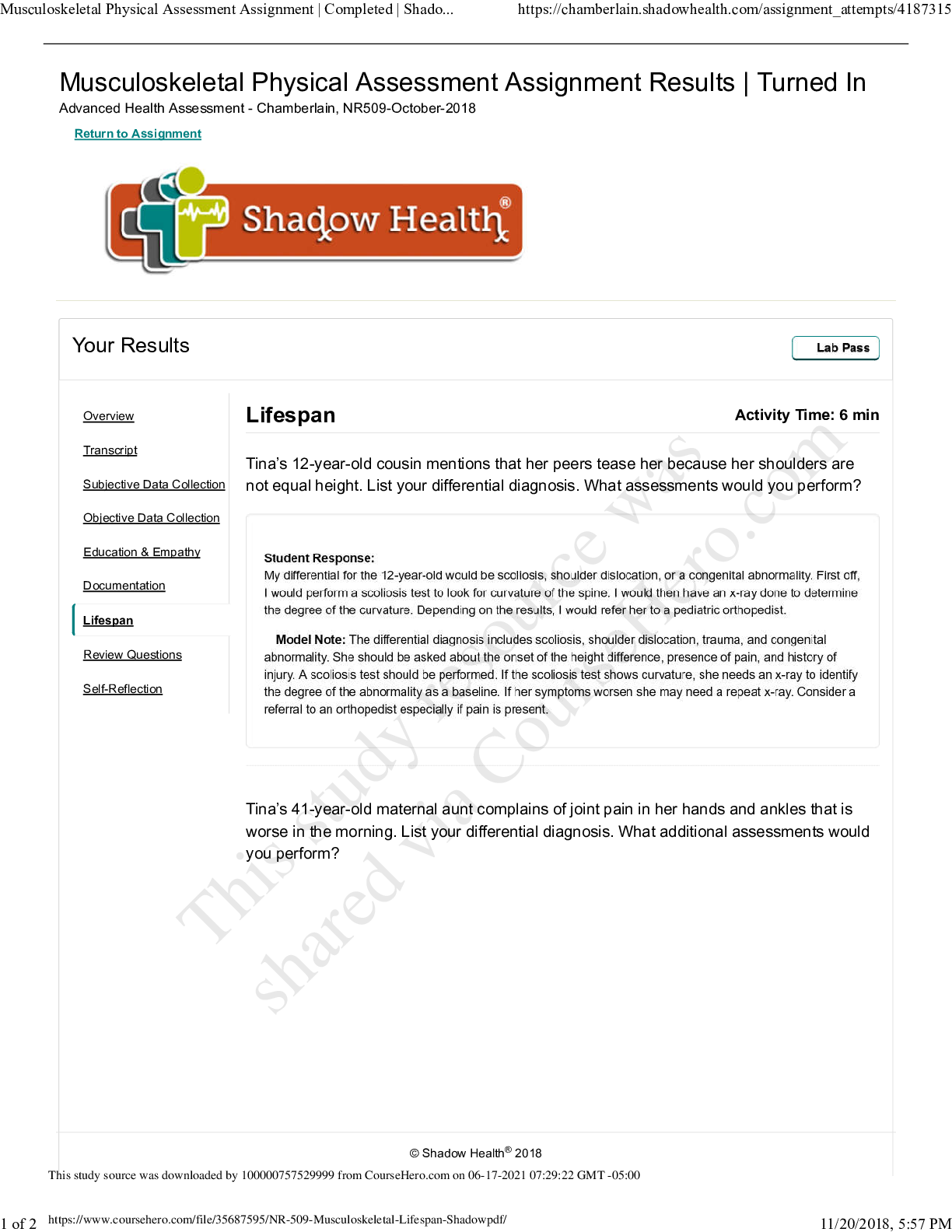 Preview image for NR 509 Musculoskeletal Lifespan Shadow Study Guide