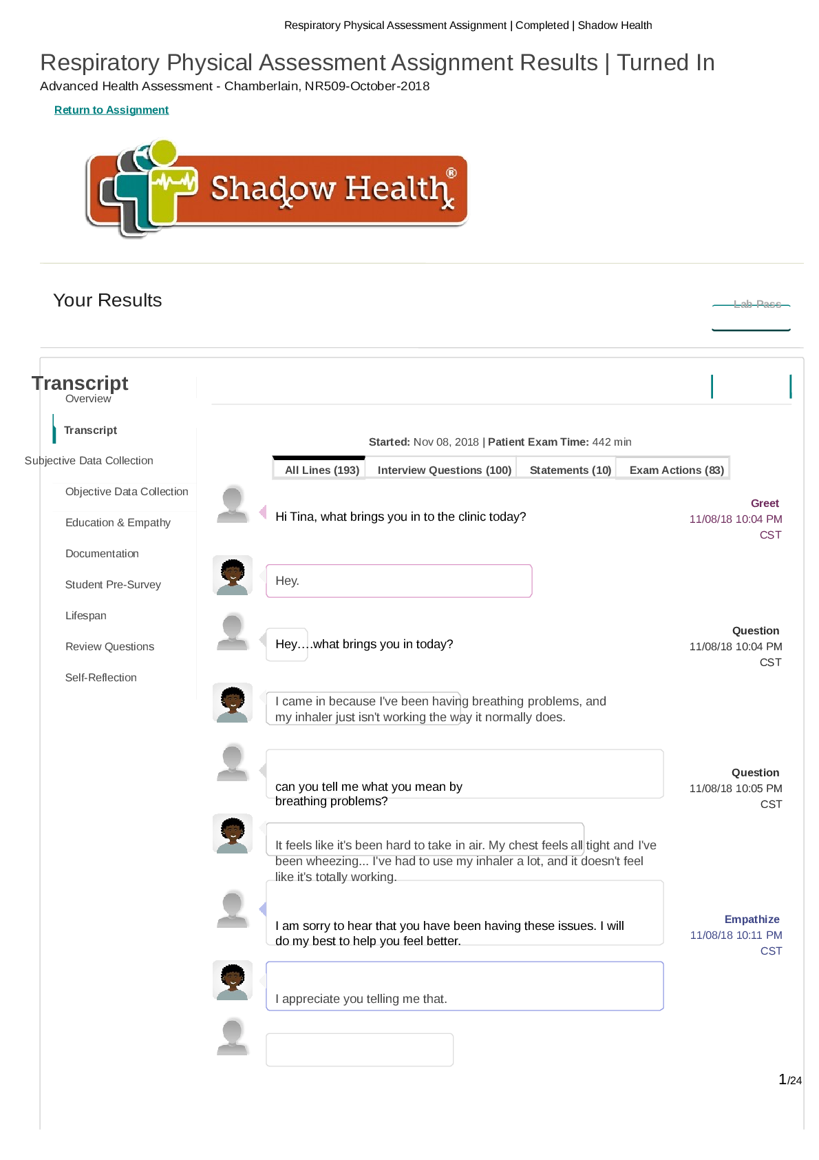 Preview image for Respiratory Physical Assessment Assignment Results