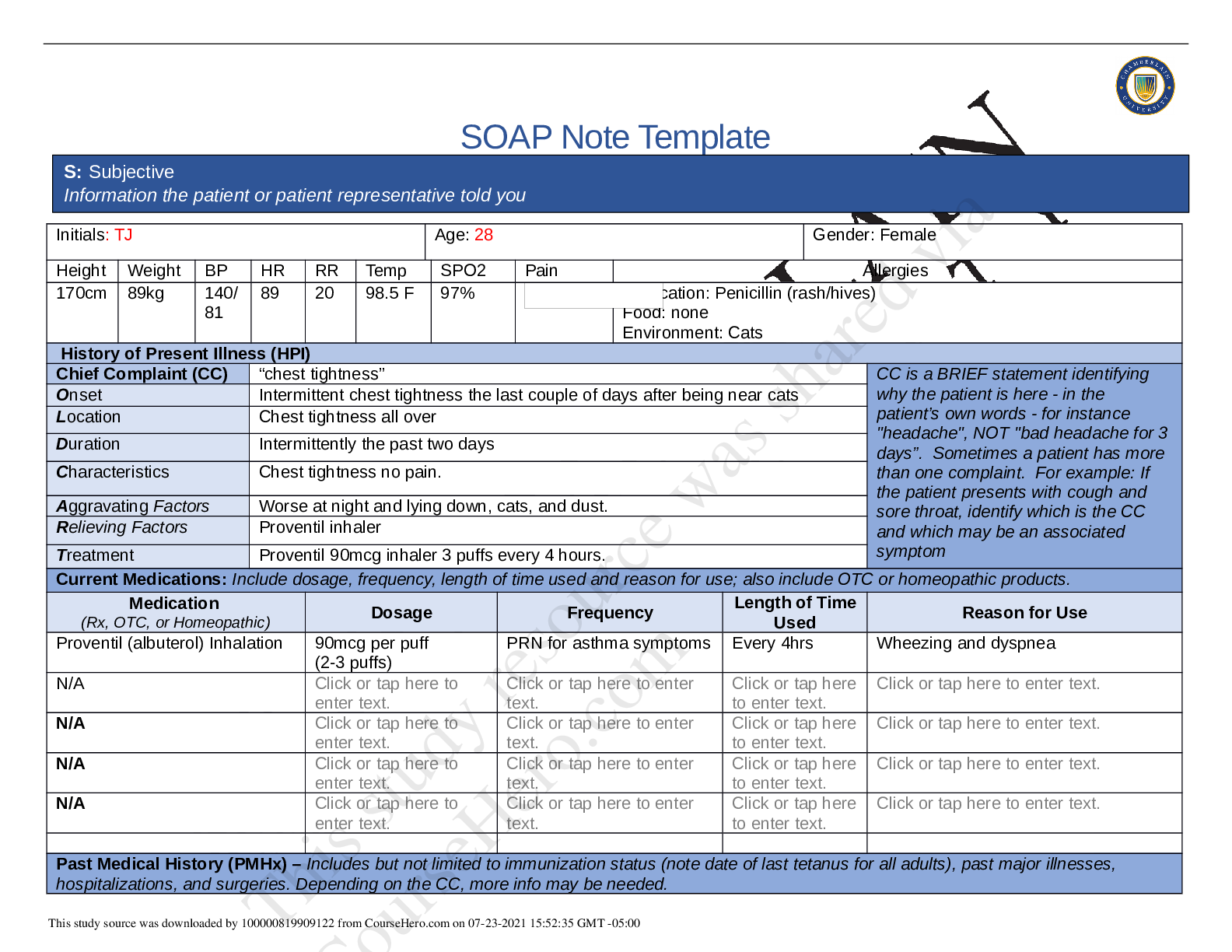 Preview image for Tina jones (T.J) . SOAP Note week 2. Contains Subjective informations; History of Present Illness (HPI); Current Medications; Past Medical History (PMHx); Family History (Fam Hx); Review of Systems (ROS).