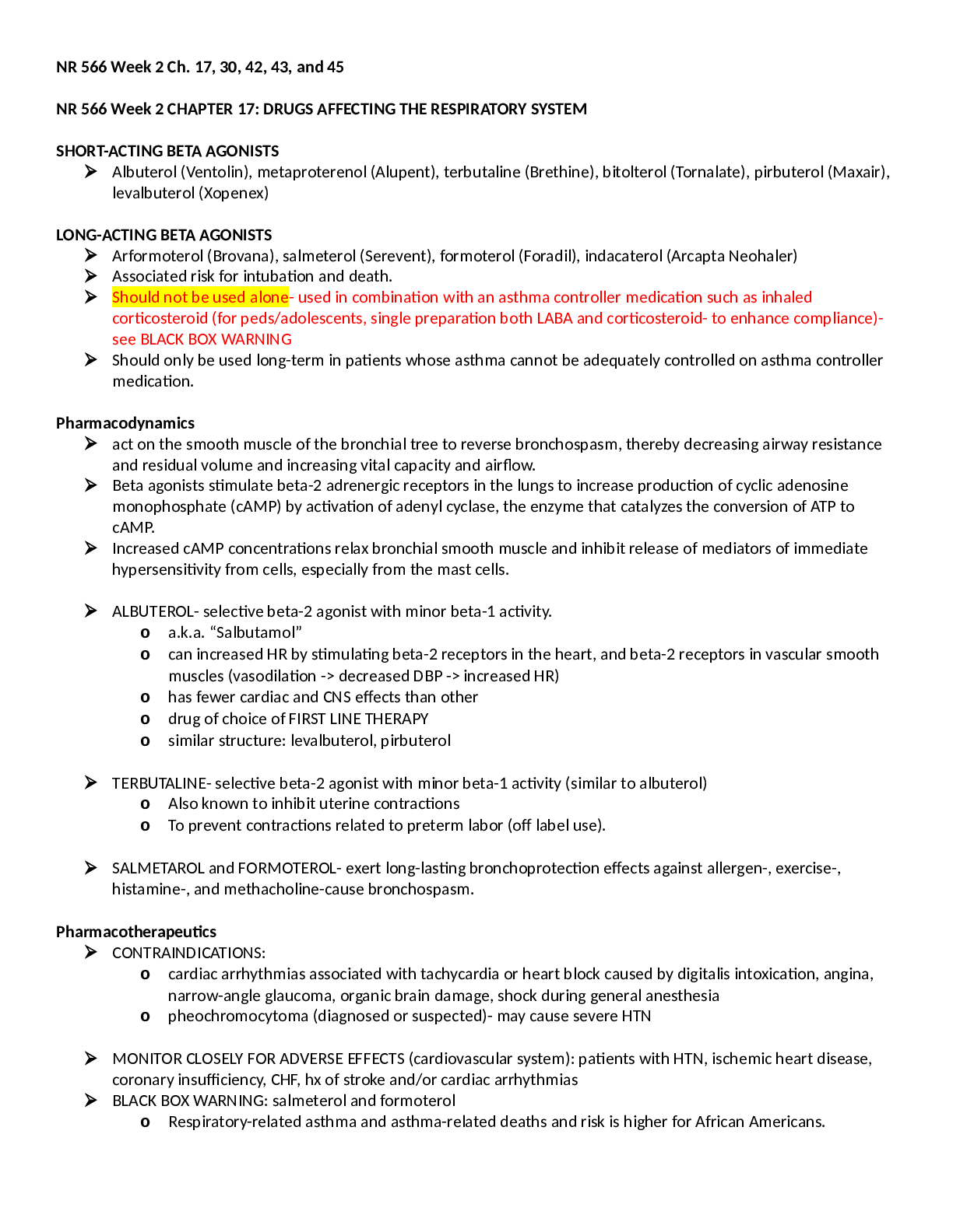 Preview image for NR566 / NR 566 Week 2 Chapter 17, 30, 42, 43 AND 45. Drugs Affecting the Respiratory System Summary Notes.