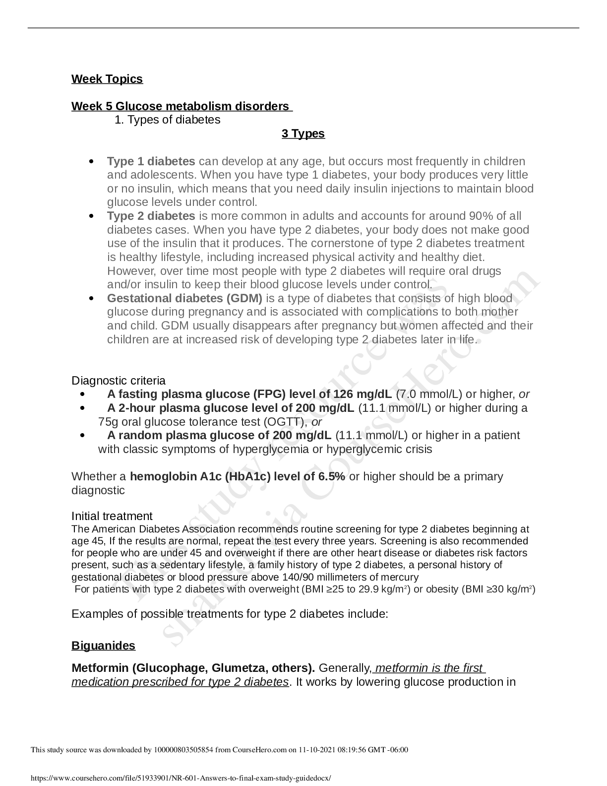 Preview image for NR 601  Week 5 Glucose metabolism disorders /NR 601 Answers to final exam study guide