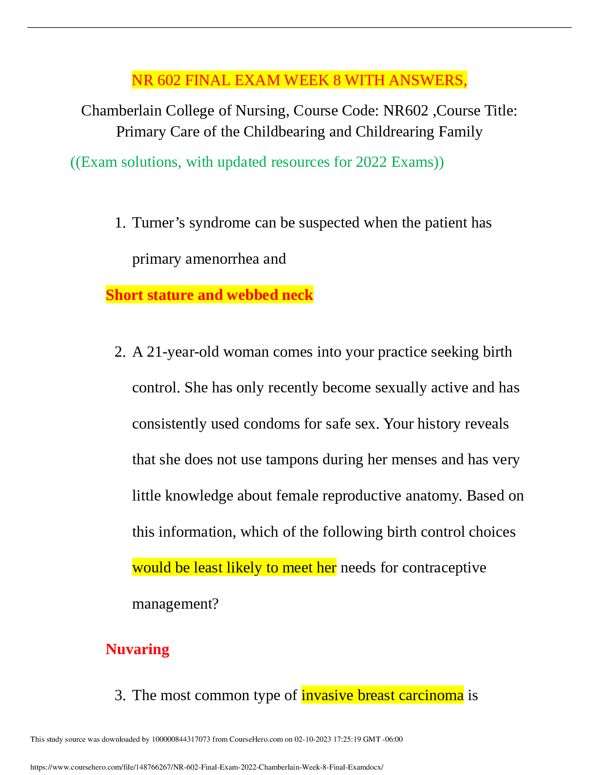 Preview image for NR 602 Final Exam (Version-1) / NR602 Week 8 Final Exam (NEW, 2021): Chamberlain College of Nursing (100 % Verified answers)