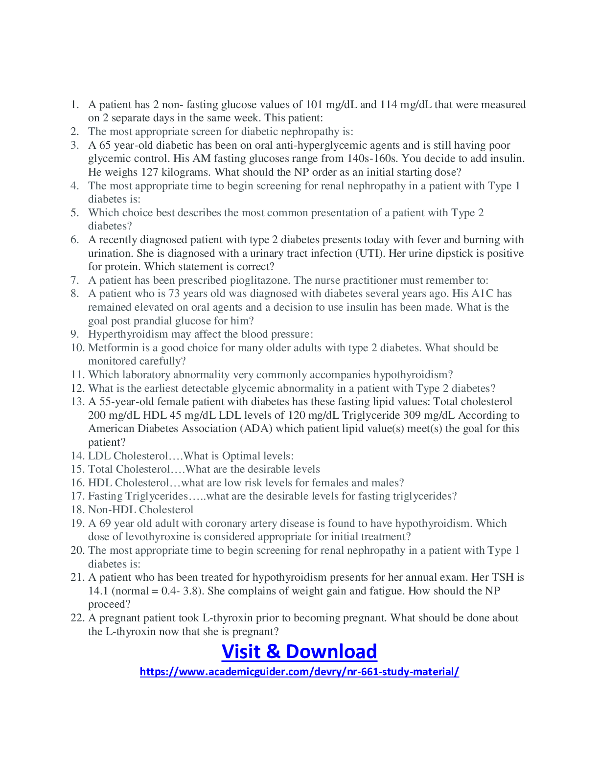 NR 661 Week 3 APEA Module: Endocrine / Disorders – APEA Practice Exam 2