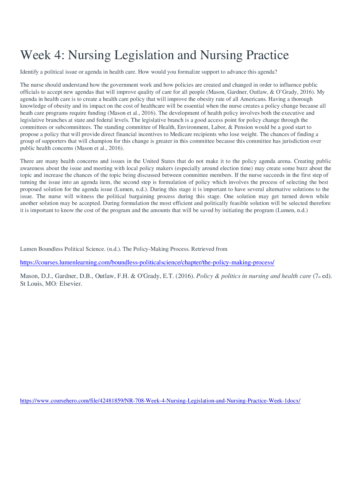 Preview image for NR 708 Week 4 Nursing Legislation and Nursing Practice Week 1 (Download the best Answers)