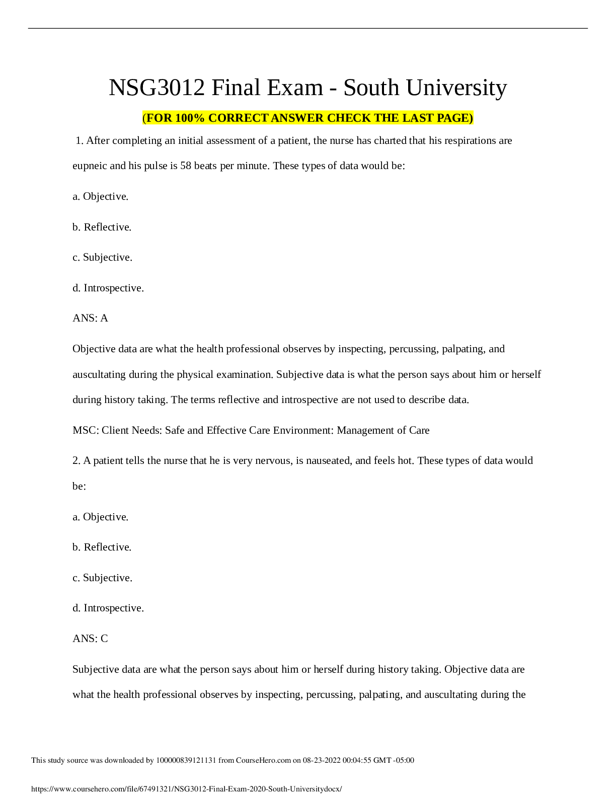 Preview image for NSG3012 Final Exam - South University 2022 latest update