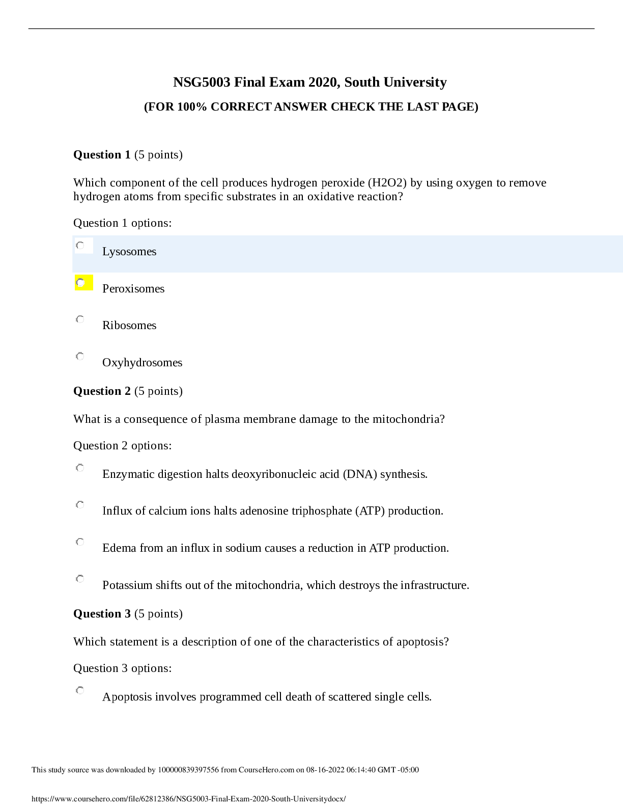 Preview image for NSG5003 Final Exam 2020 , South University.docx