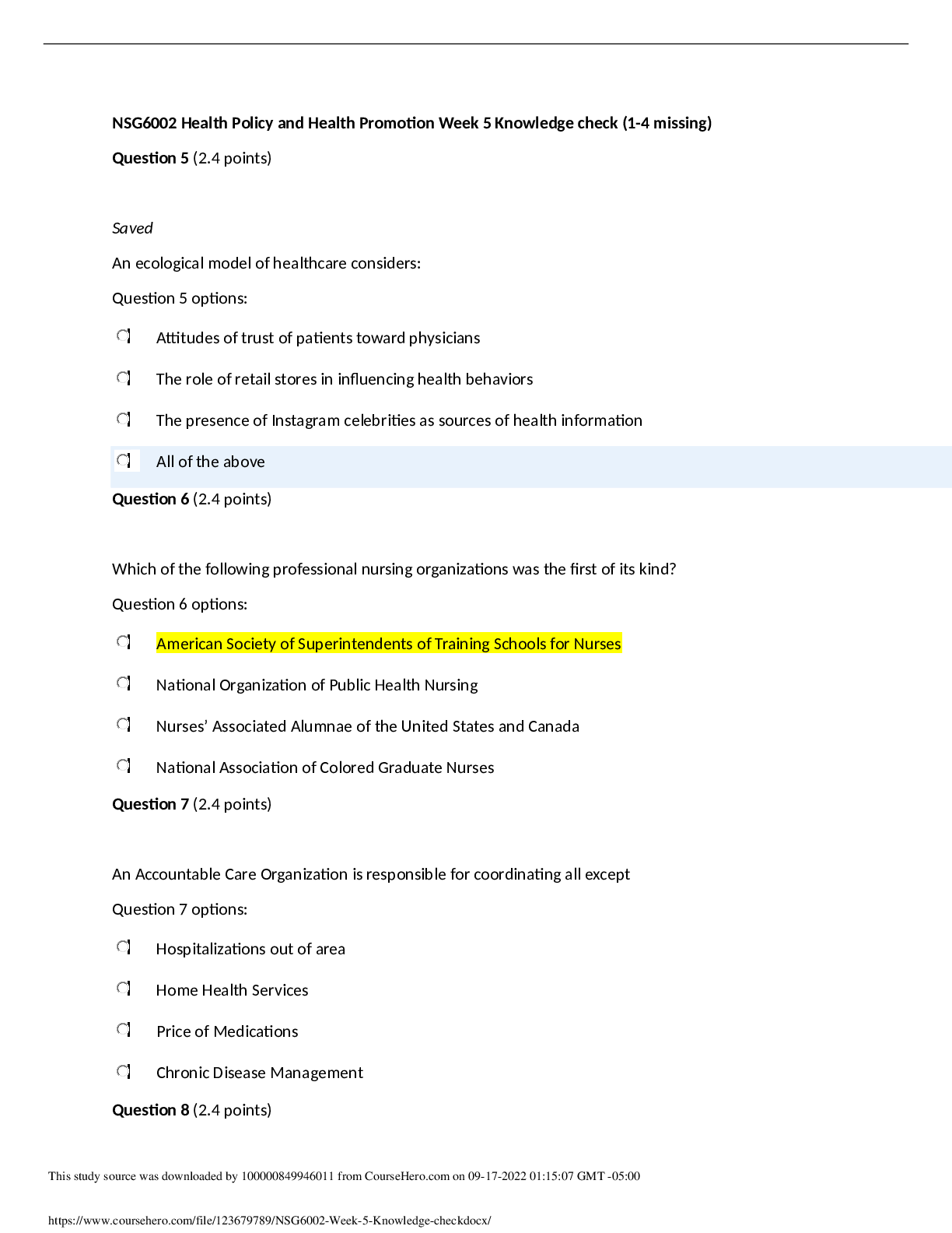 Preview image for NSG6005 WEEK 5 QUIZ / NSG 6005 WEEK 5 QUIZ (LATEST): SOUTH UNIVERSITY |100% CORRECT Q & A