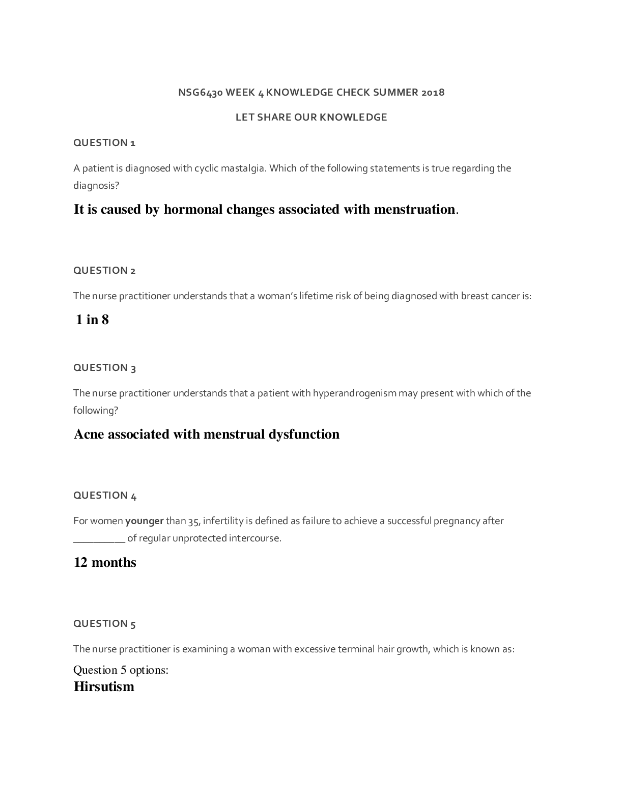 Preview image for NSG 6430 Week 4 KC 1/ questions and answers/ download for good grades[A]
