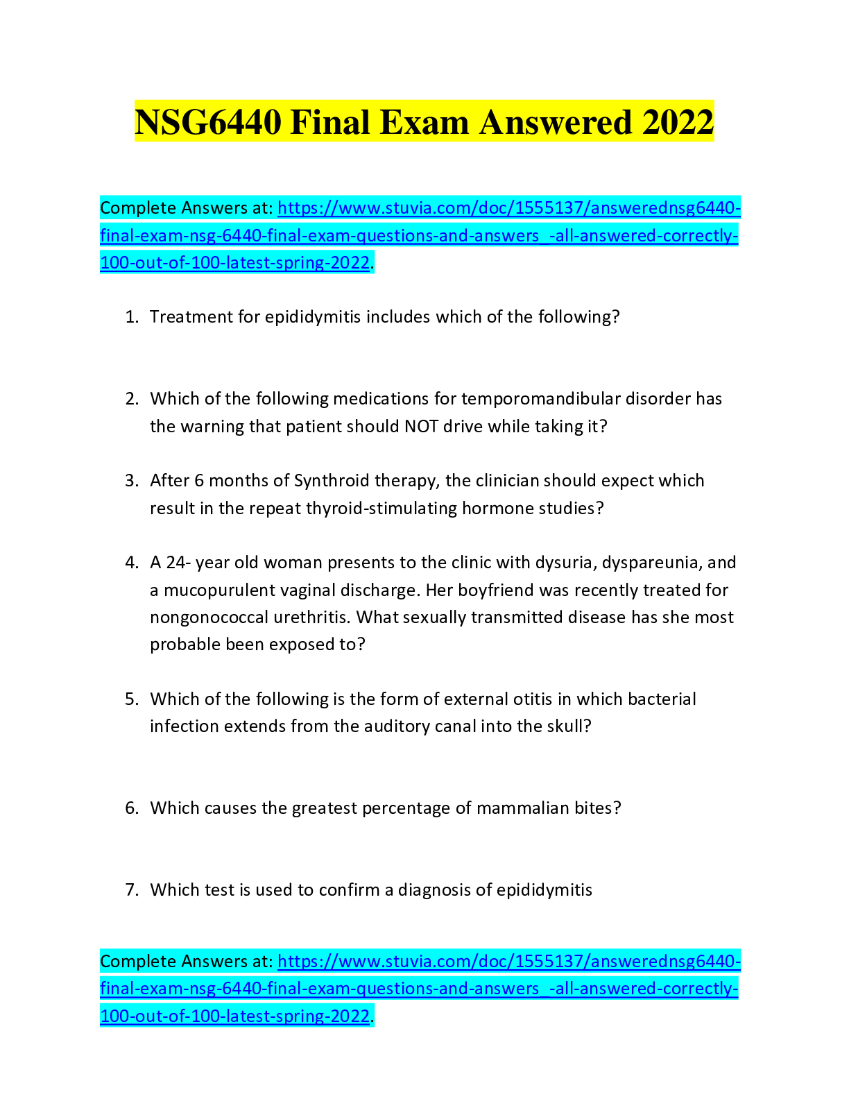 Preview image for (answered)NSG6440 Final Exam / NSG 6440 Final Exam questions and answers_ all answered correctly 100 out of 100, Latest spring 2022.