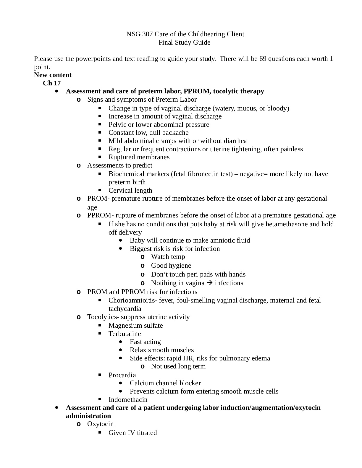 Preview image for Marian University  NSG 307 Care of the Childbearing Client Final Study Guide