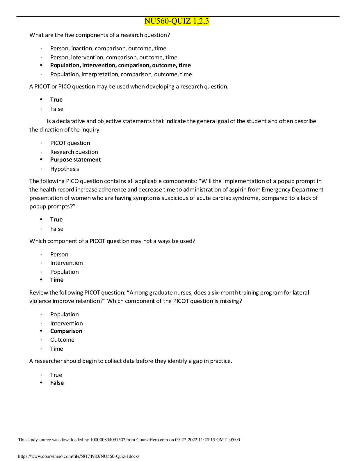 Preview image for Herzing University NU560-QUIZ 1,2,3 (questions with complete solution)