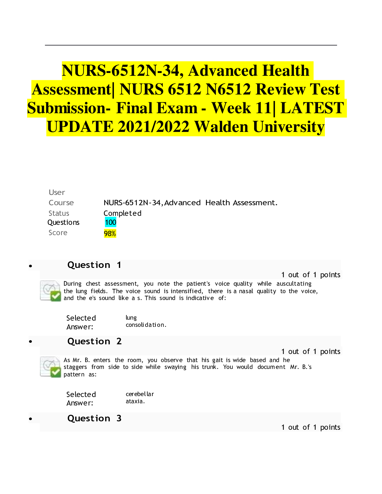 Preview image for NURS-6512N-34, Advanced Health Assessment| NURS 6512 N6512 Review Test Submission- Final Exam - Week 11| LATEST UPDATE 2021/2022 Walden University
