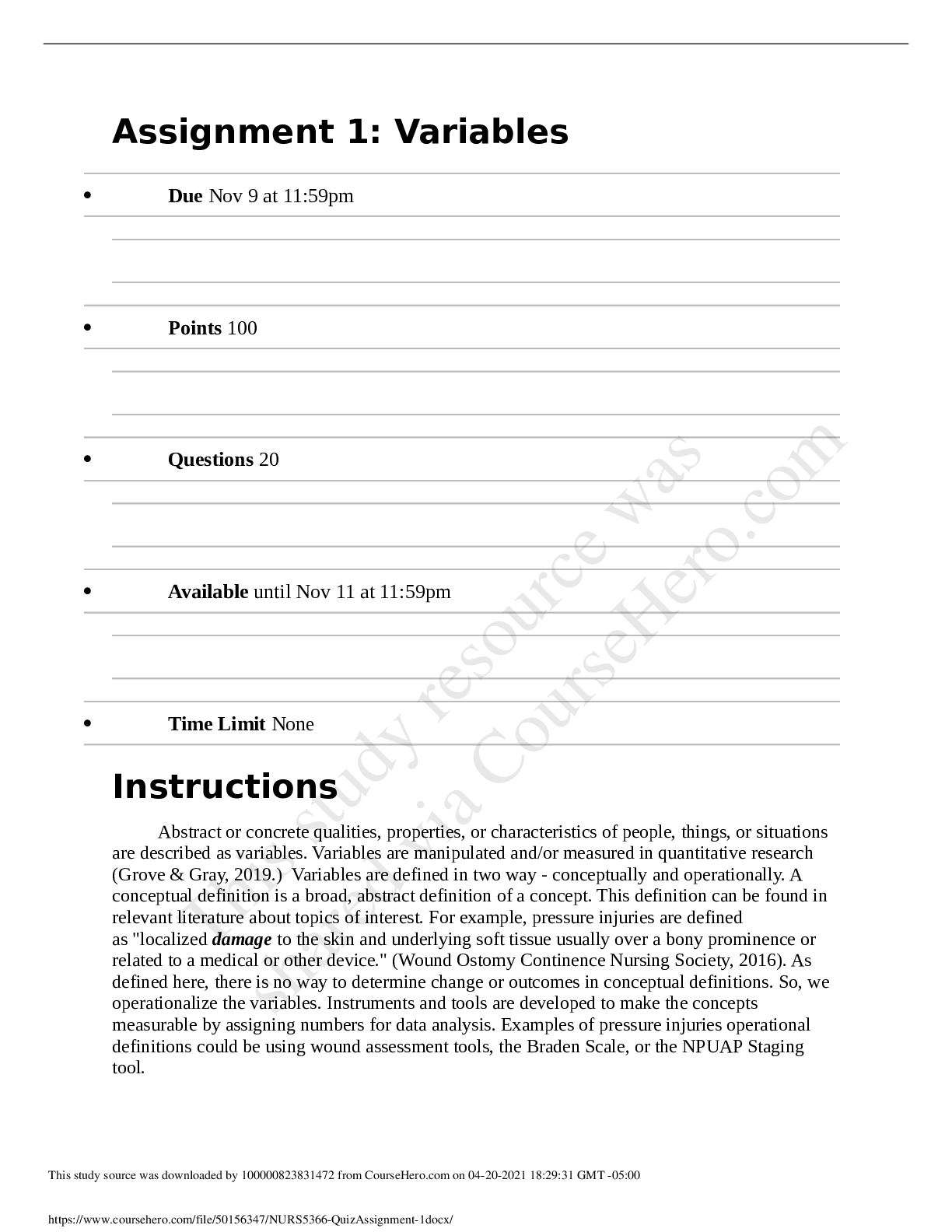 Preview image for NURS 5366-Quiz Assignment 1:Variables