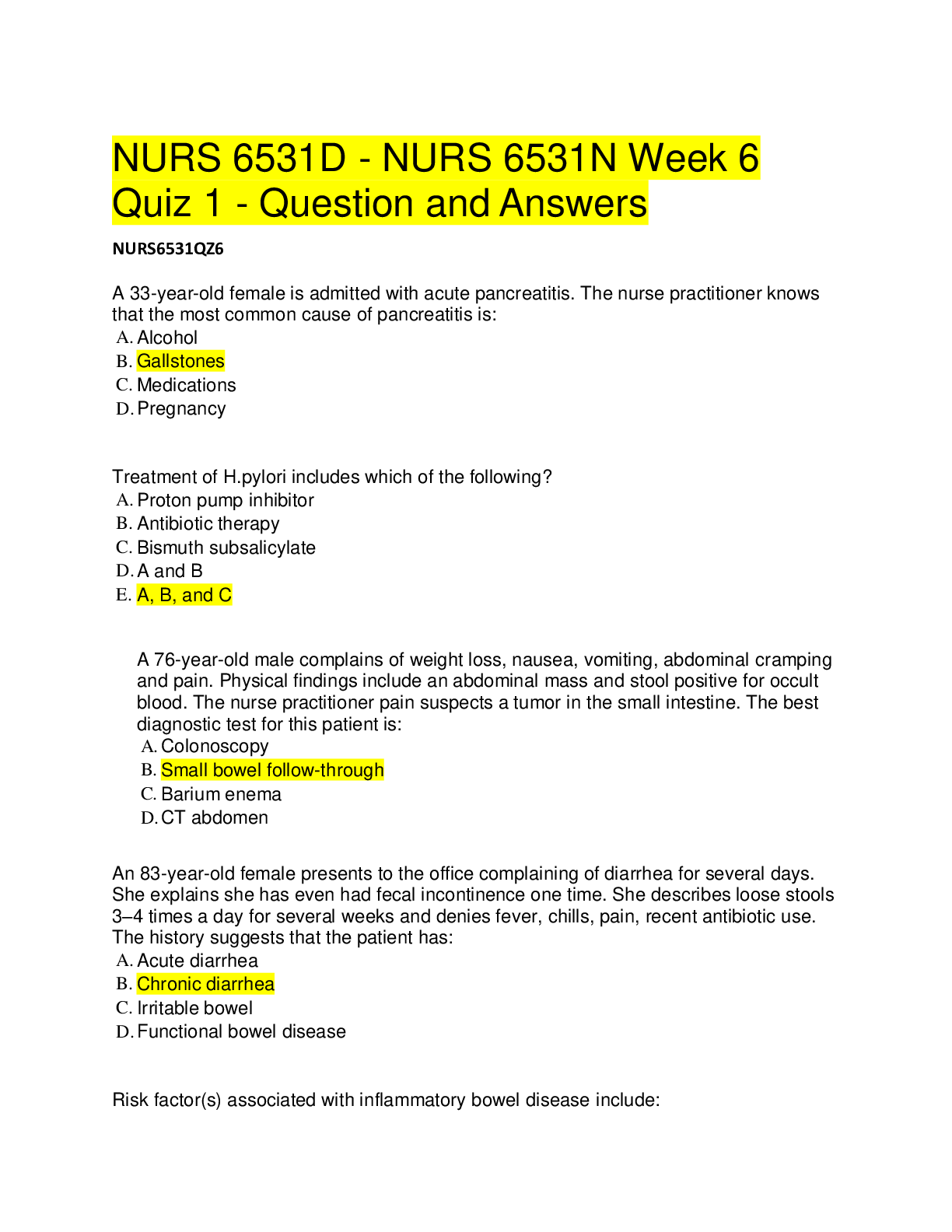 Preview image for NURS 6531D - NURS 6531N Week 6 Quiz 1 - Question and Answers