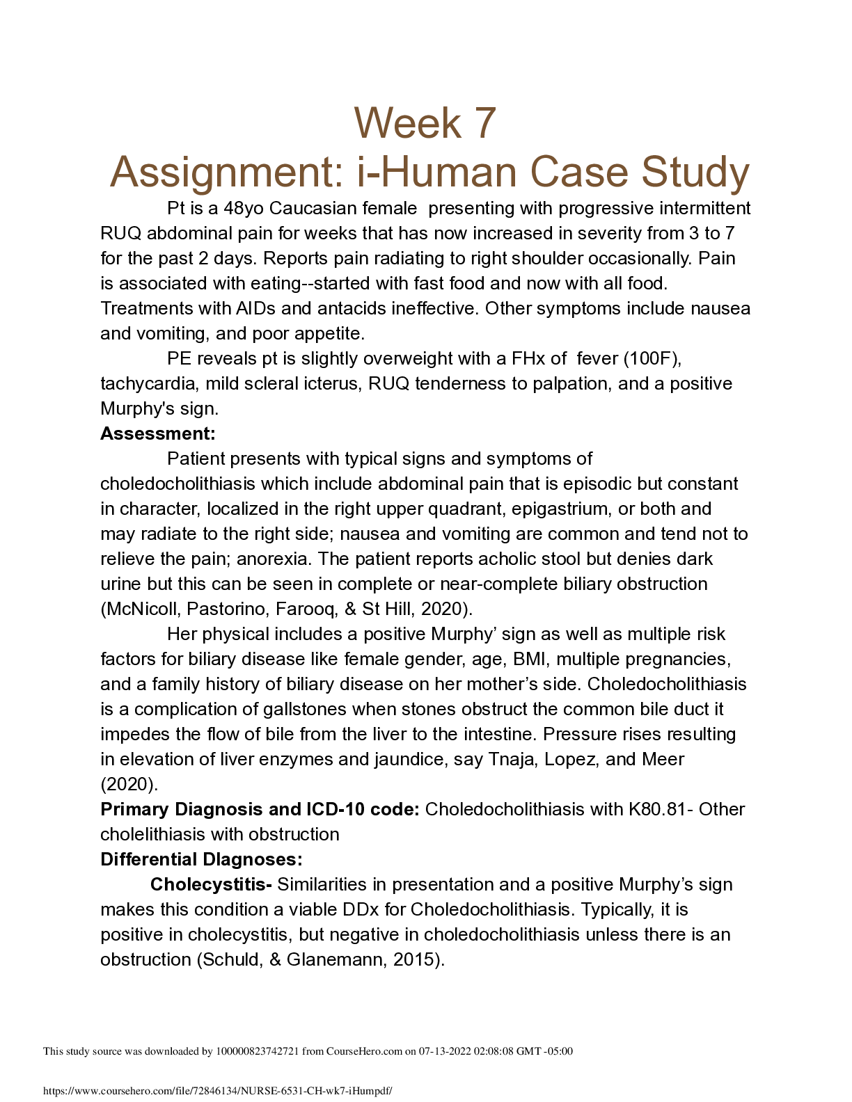 Preview image for Week 7 Assignment: i-Human Case Study Pt is a 48yo Caucasian female