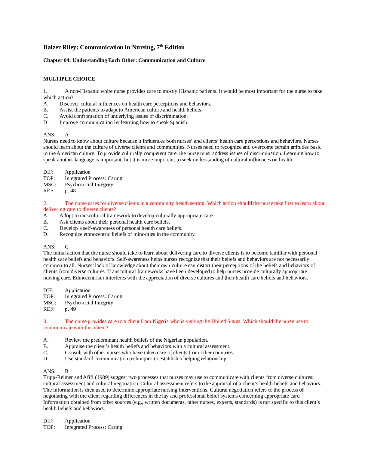 Preview image for Balzer Riley: Communication in Nursing, 7th Edition Chapter 04: Understanding Each Other: Communication and Culture   MULTIPLE CHOICE