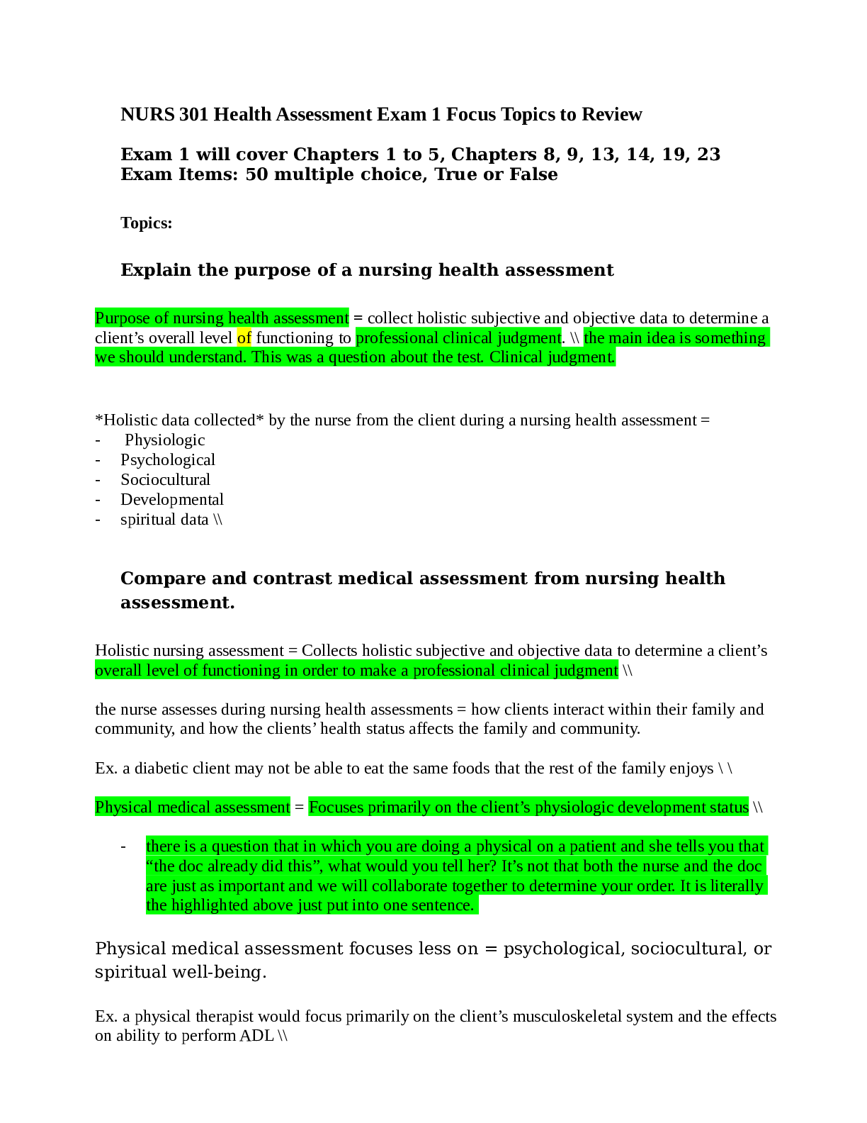 Preview image for NURS 301 Health Assessment Exam 1 Focus Topics {Spring}