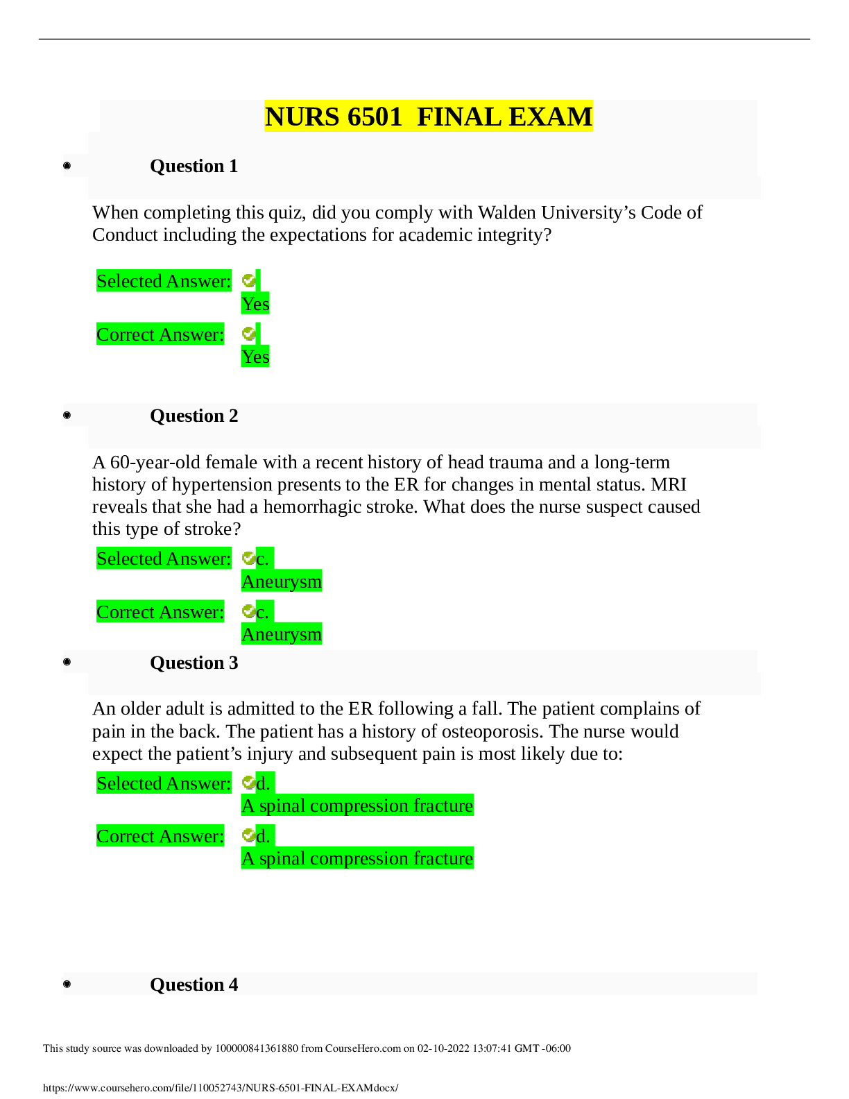 Preview image for NURS-6501N Final Exam / NURS 6501 Final Exam(V1)(100 Q & A):Walden university(NEW-2020/21)