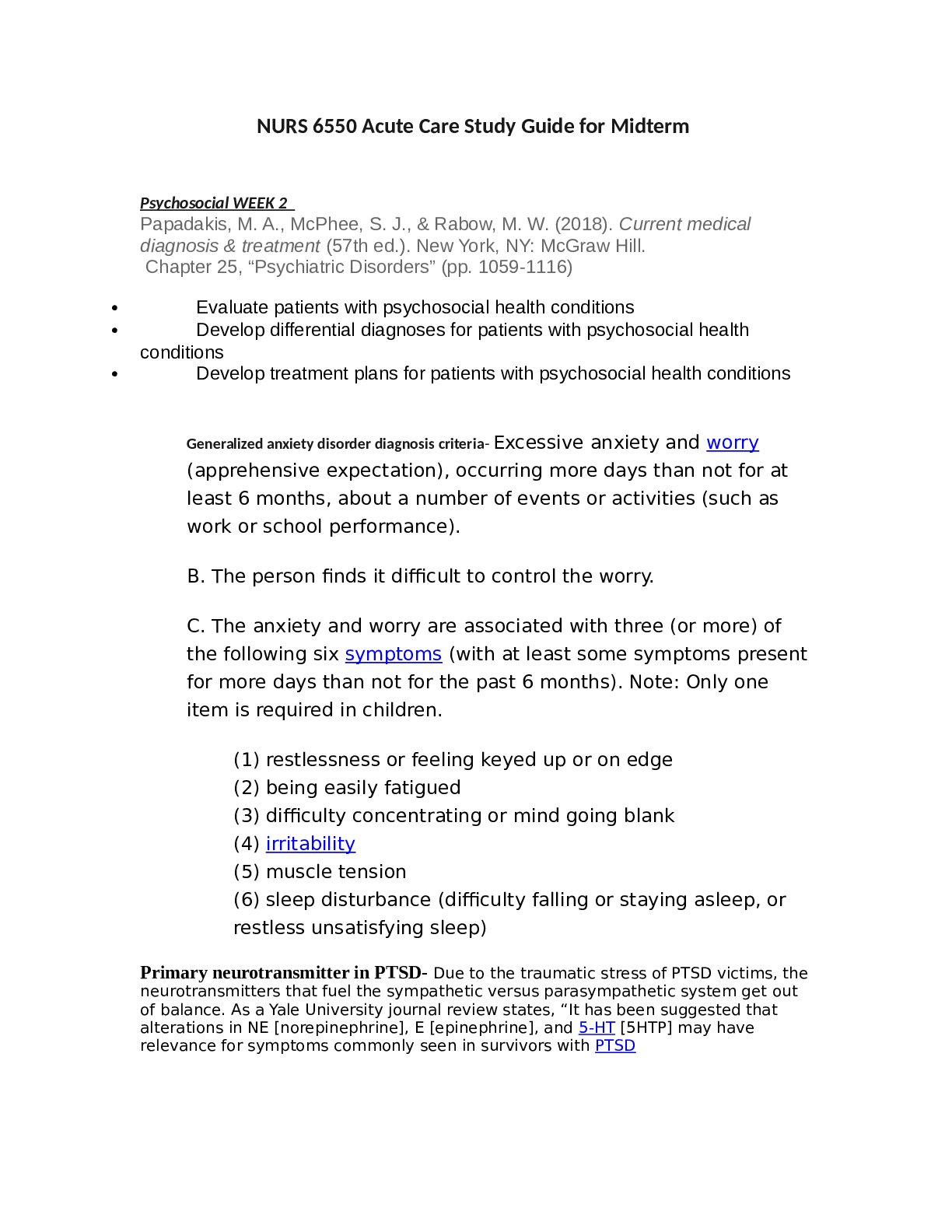 Preview image for NURS 6550 Acute Care Study Guide for Midterm