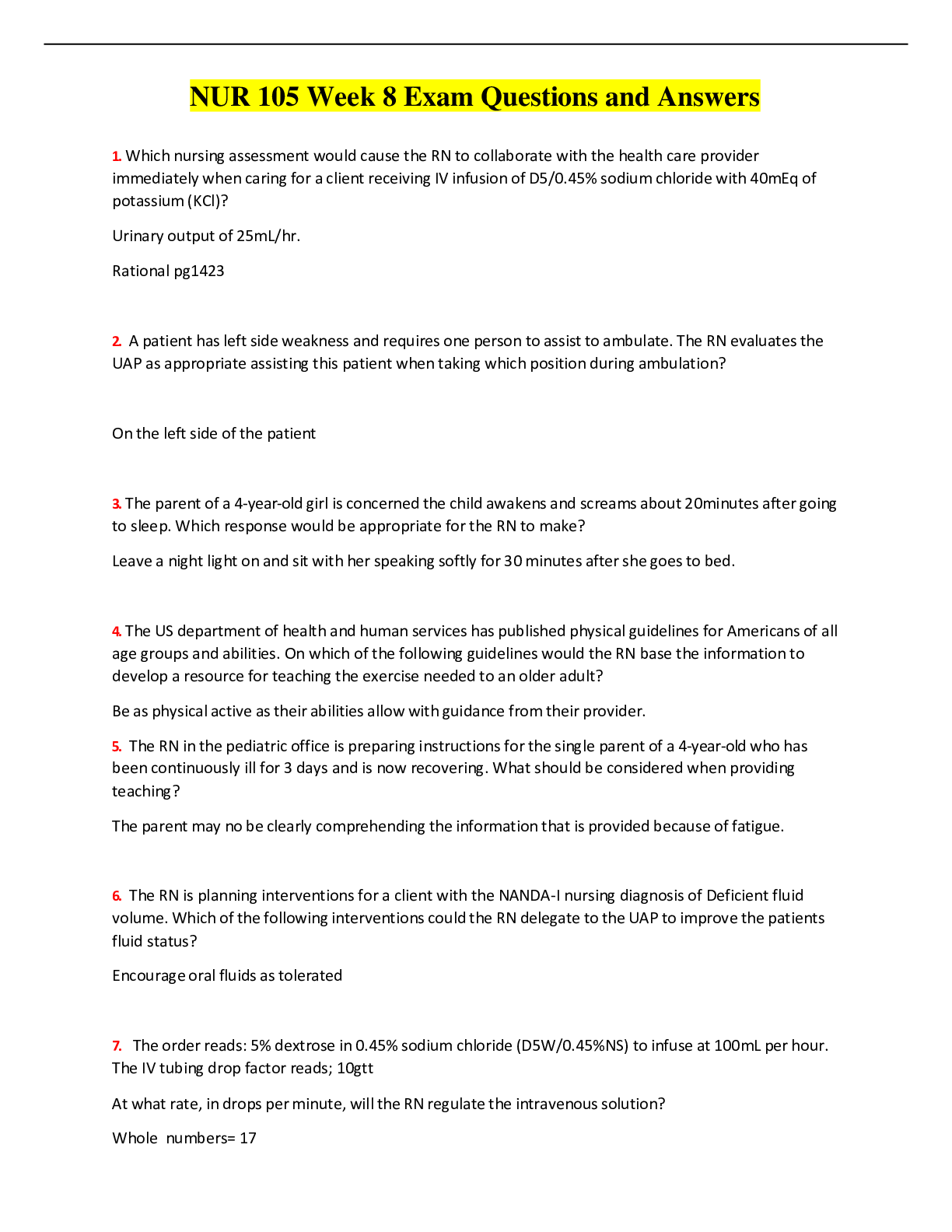 Preview image for NUR 105 Week 8 Exam Questions and Answers 100% Correct,2022