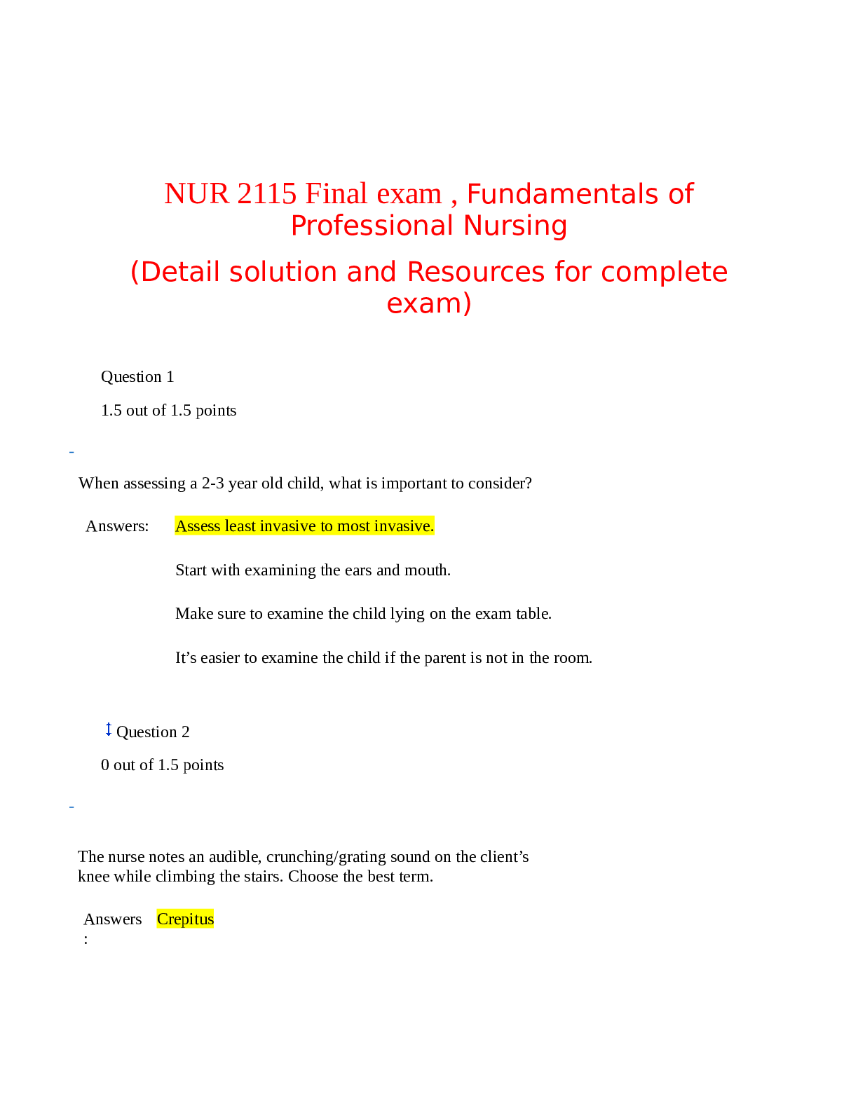 Preview image for NUR 2115 Final exam , Fundamentals of Professional Nursing (Detail solution and Resources for complete exam)