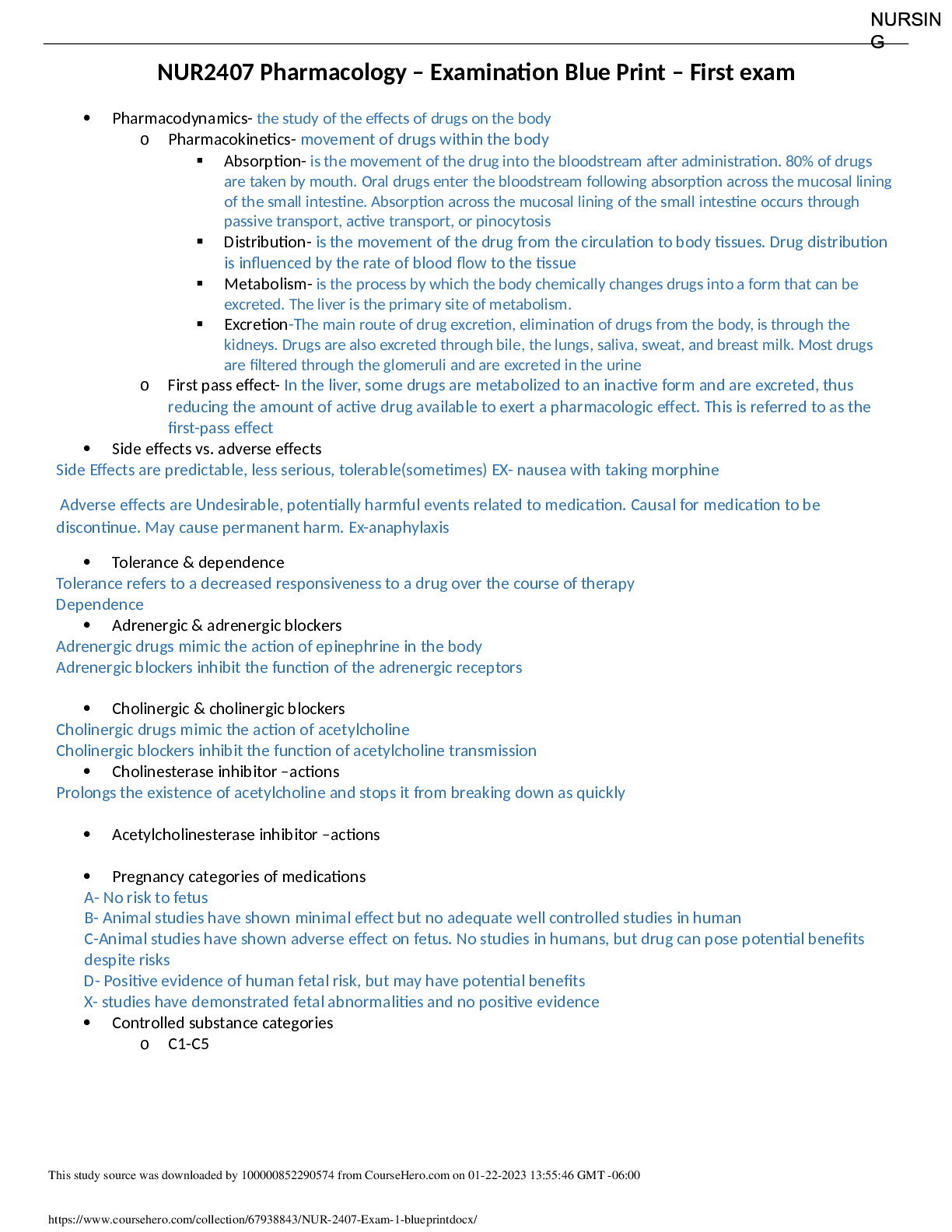 Preview image for NUR2407 Pharmacology – Examination Blue Print – First exam