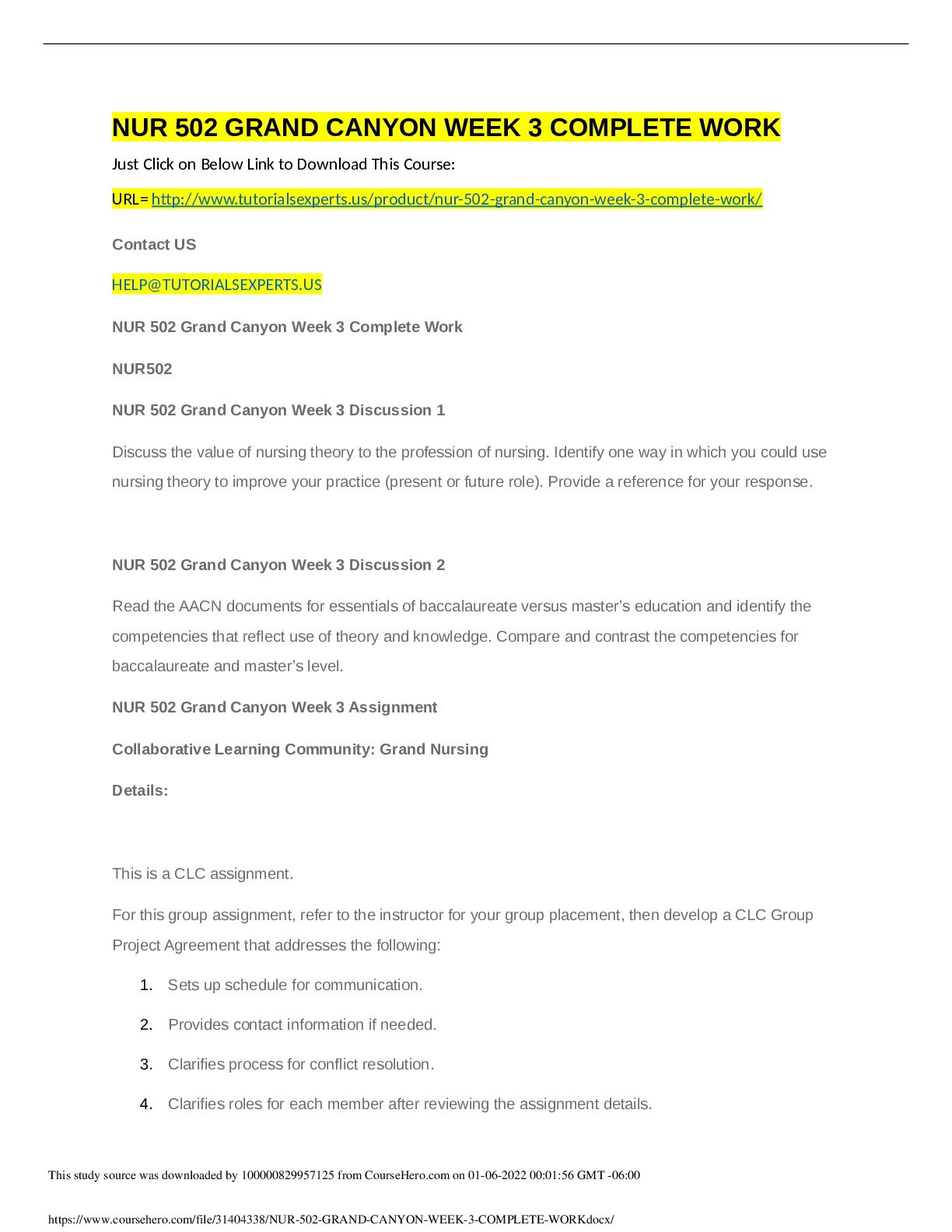 Preview of NUR 502 Topic 3 Assignment; CLC - Grand Nursing Theorist Assignment; CLC Group Project Agr