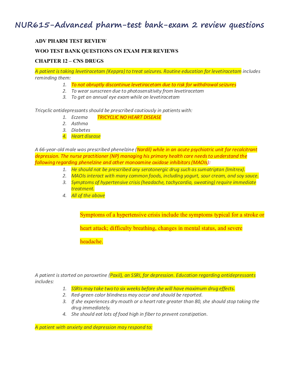 Preview of NUR615-Advanced pharm-test bank-exam 2 review questions