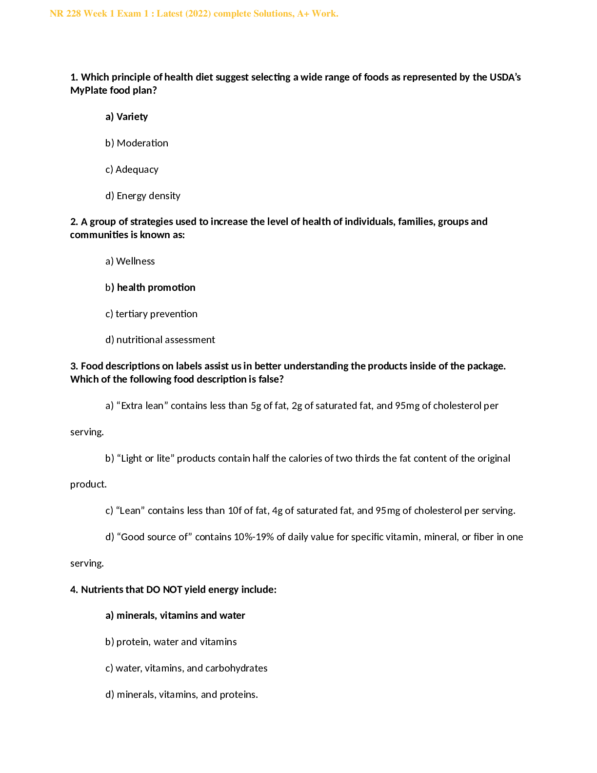 Preview image for Nr 228 - NUTRITION EXAM1 QUESTION With Correct Ans.