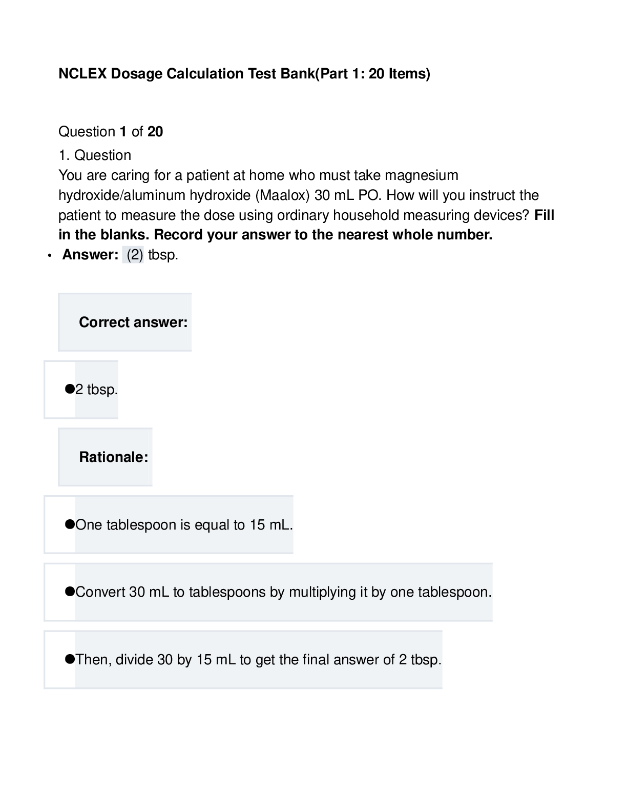 Preview image for NCLEX Dosage Calculation Test Bank(Part 1: 20 Items)